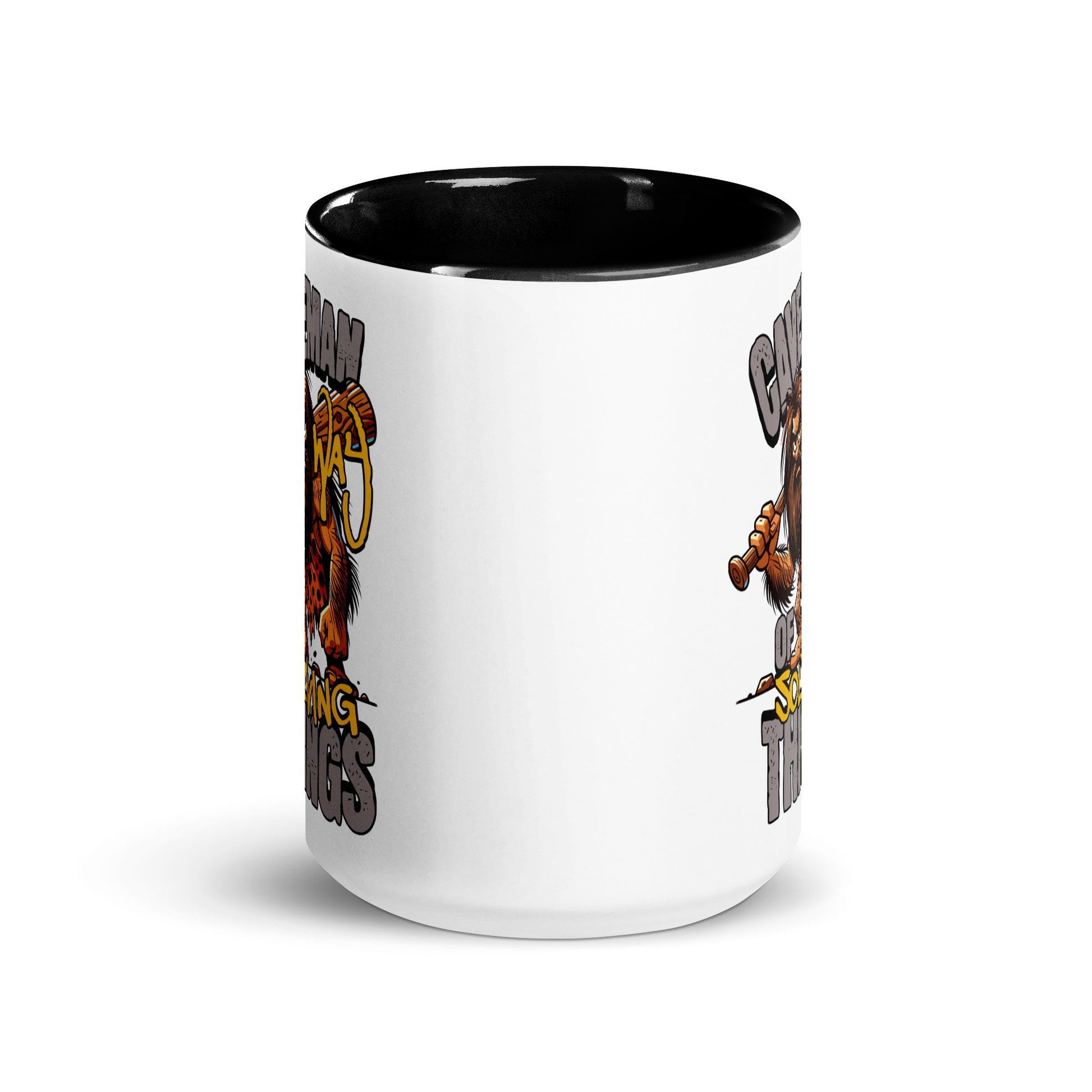 White mug with black interior and handle, featuring cartoon characters and text on a white background.