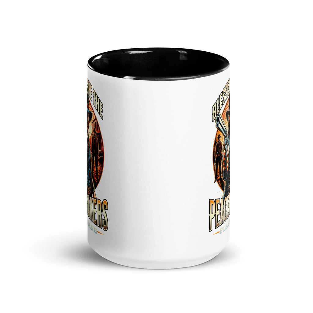 White mug with black interior and handle, featuring a graphic design on a white background