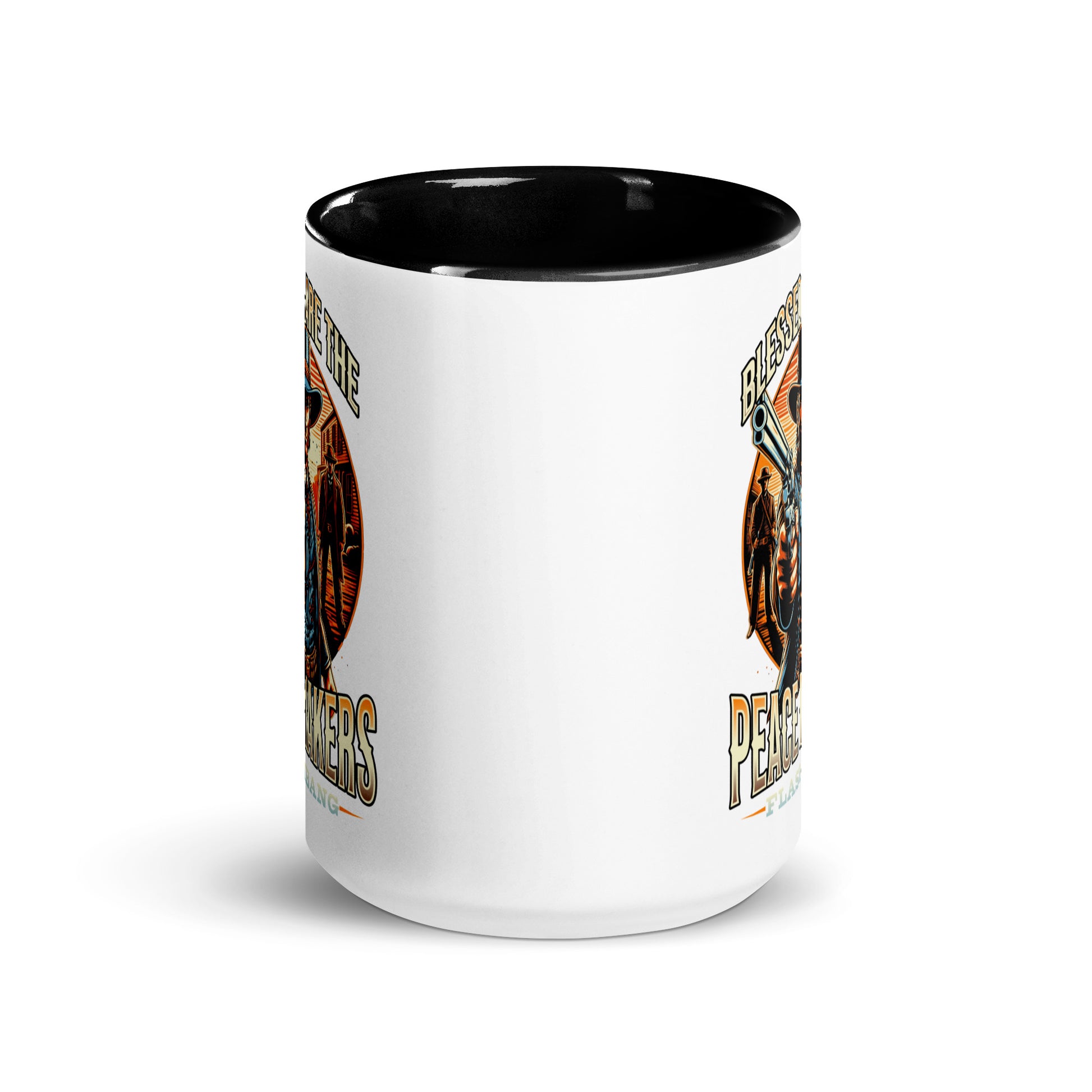 White mug with black interior and handle, featuring a graphic design on a white background