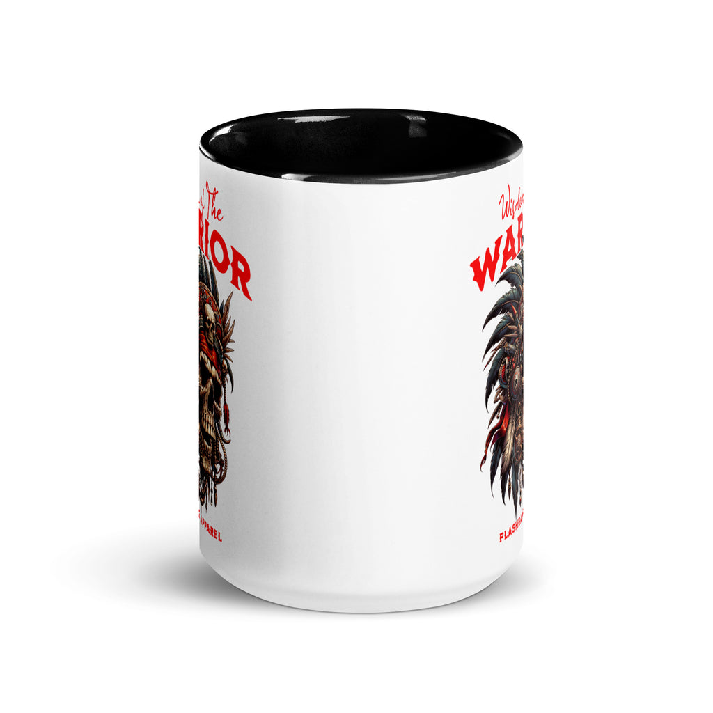 White mug with black interior and handle, featuring a graphic design of a rooster and text on a white background.