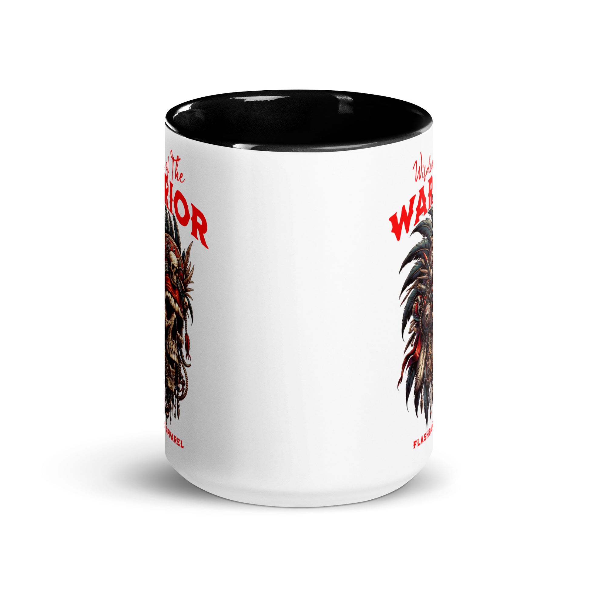 White mug with black interior and handle, featuring a graphic design of a rooster and text on a white background.
