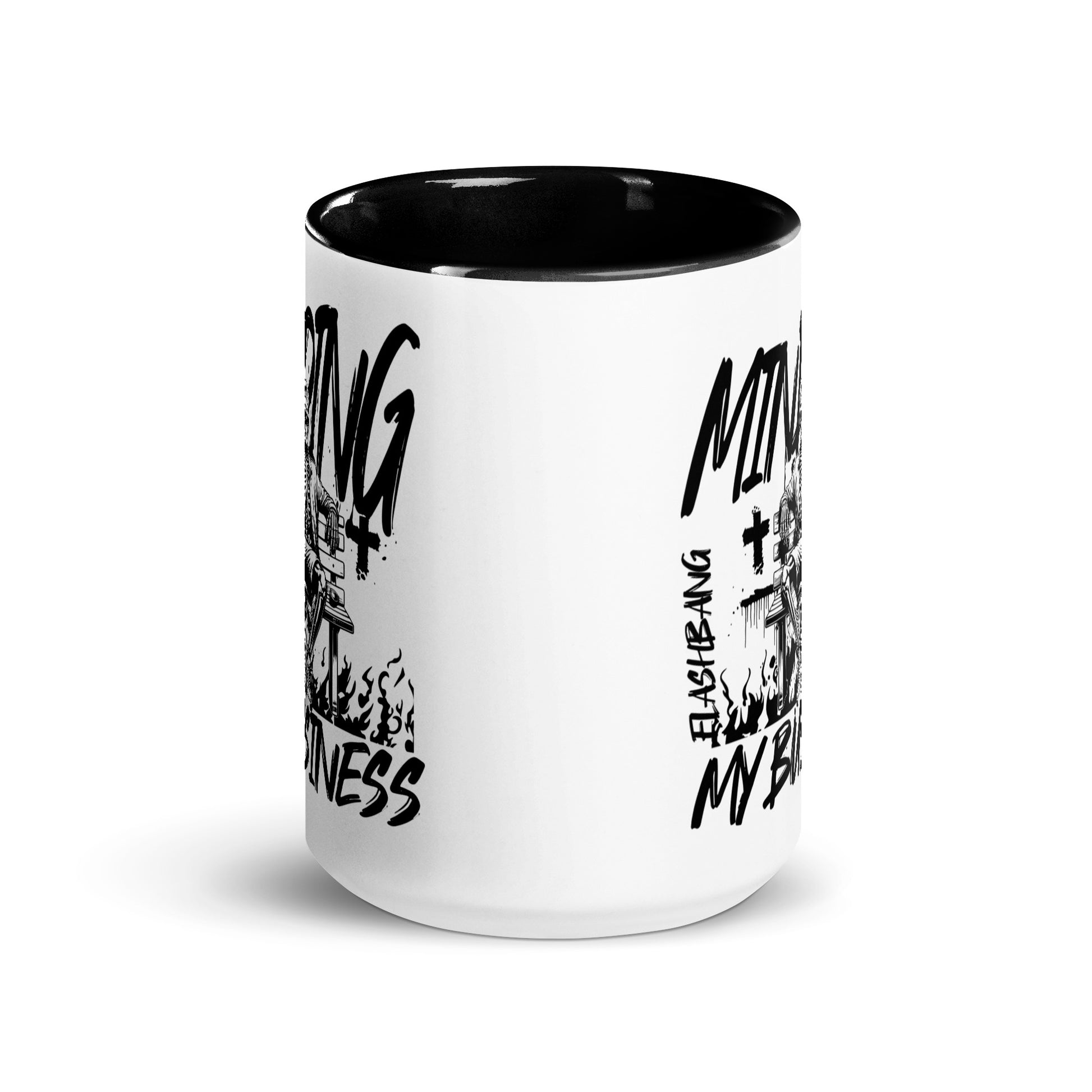 White mug with black interior and text design on a white background
