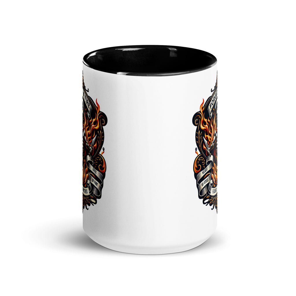 White mug with black interior and handle, featuring a design of crossed swords with flames on a white background.