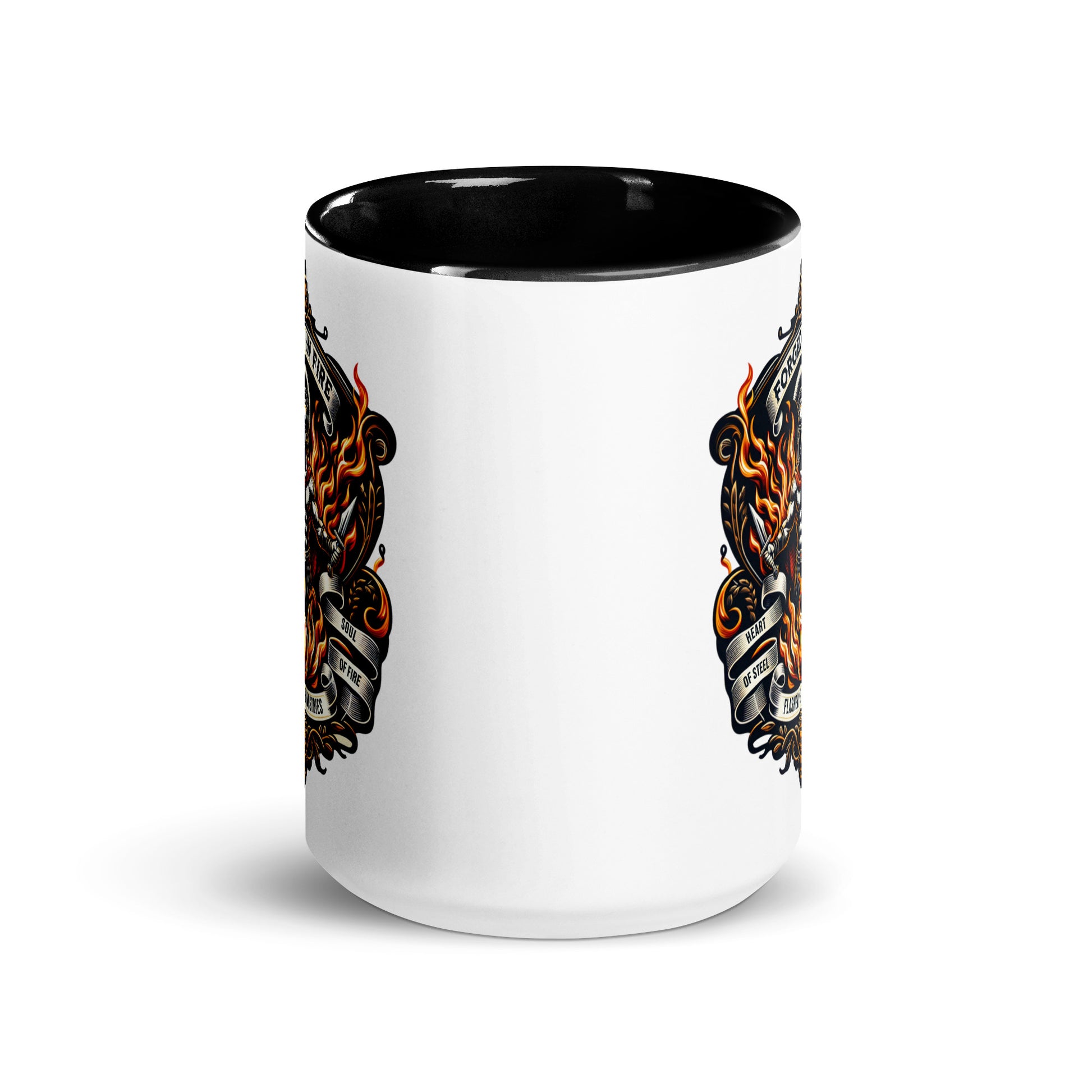White mug with black interior and handle, featuring a design of crossed swords with flames on a white background.