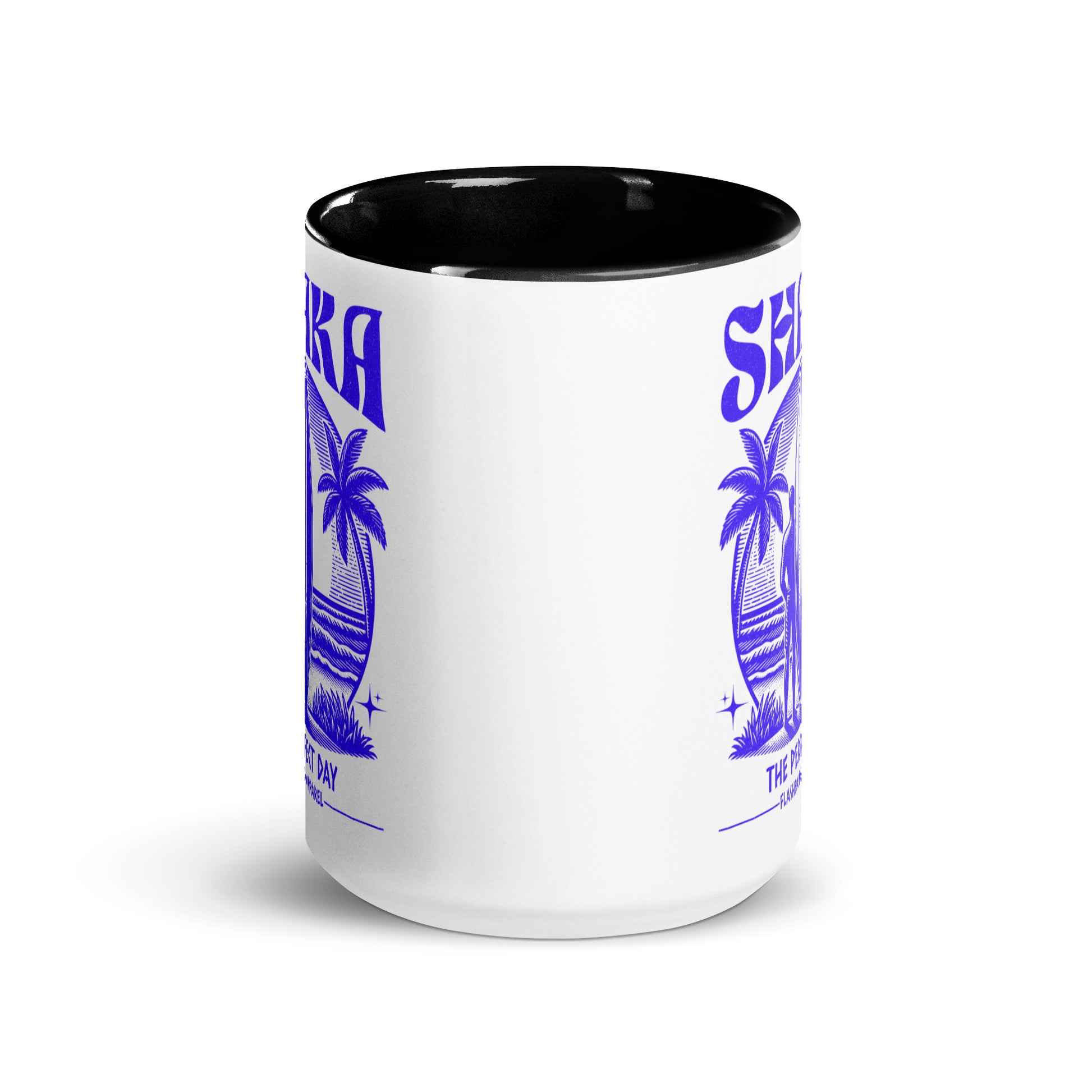 White mug with black interior and rim, featuring blue palm tree design on a white background