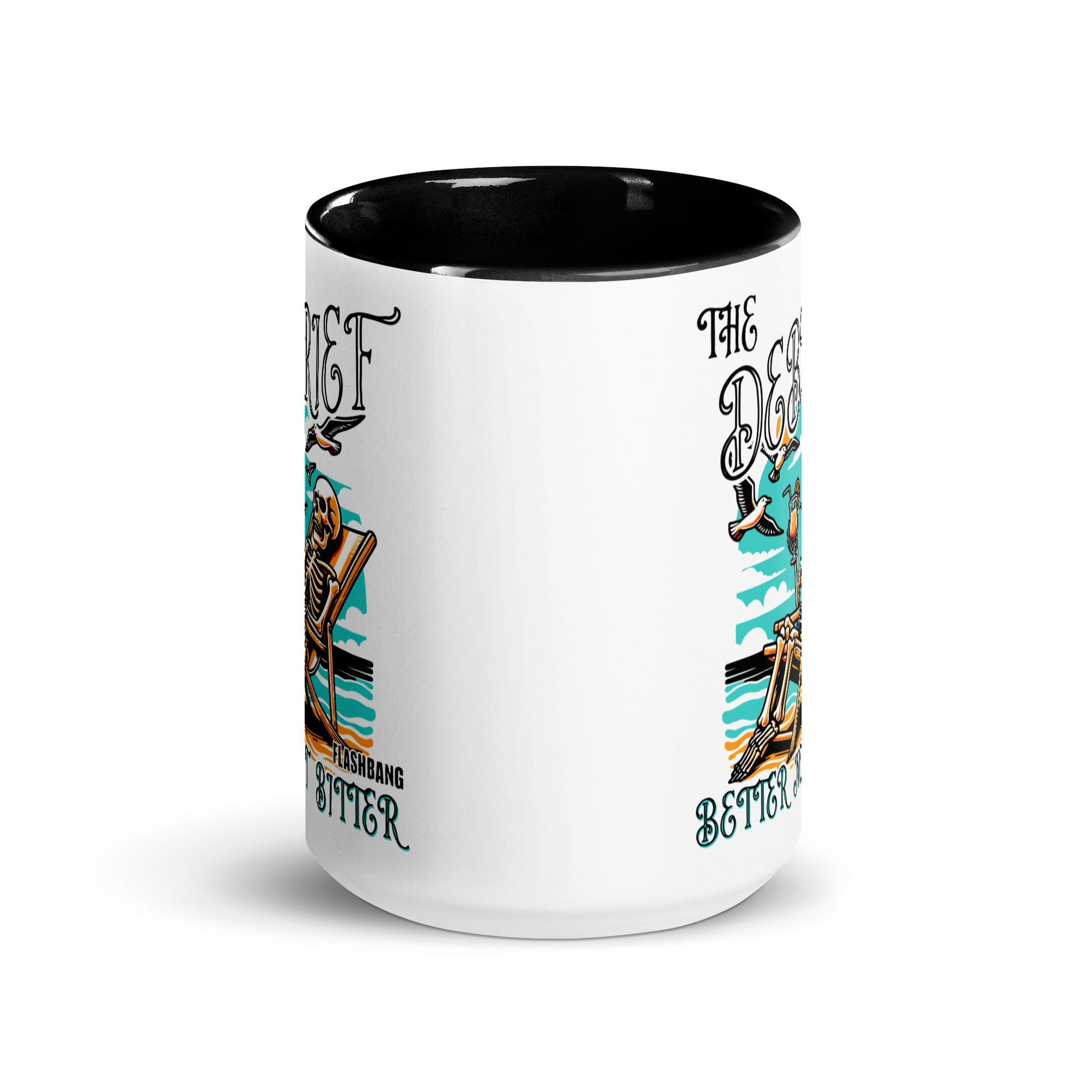 White mug with black interior and colorful graphics on a white background