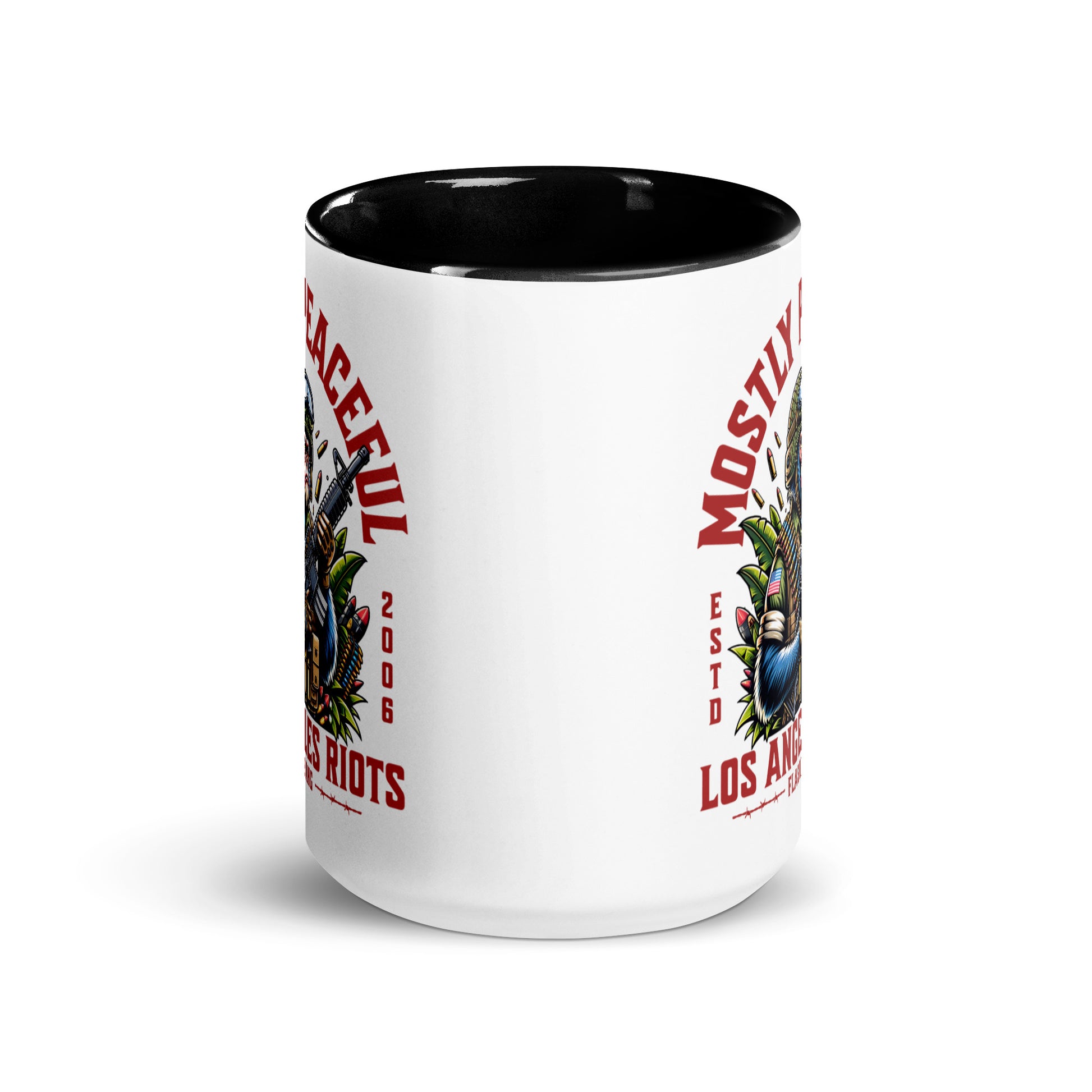 White mug with black interior and handle, featuring graphic design and text on a white background