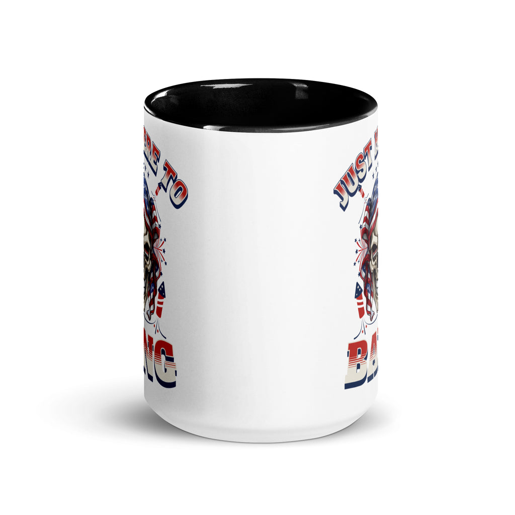 White mug with black interior and decorative text and graphics on a white background