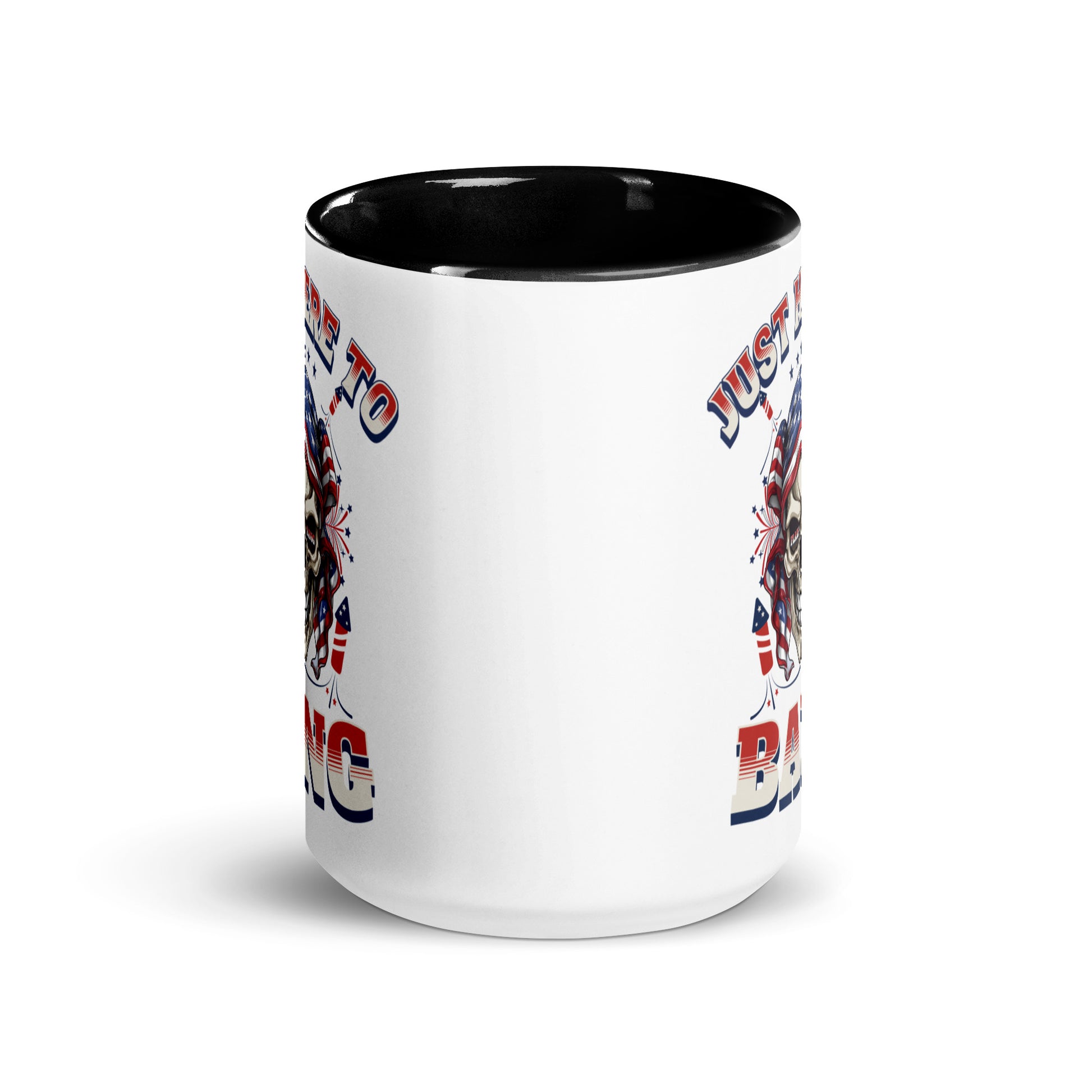 White mug with black interior and decorative text and graphics on a white background