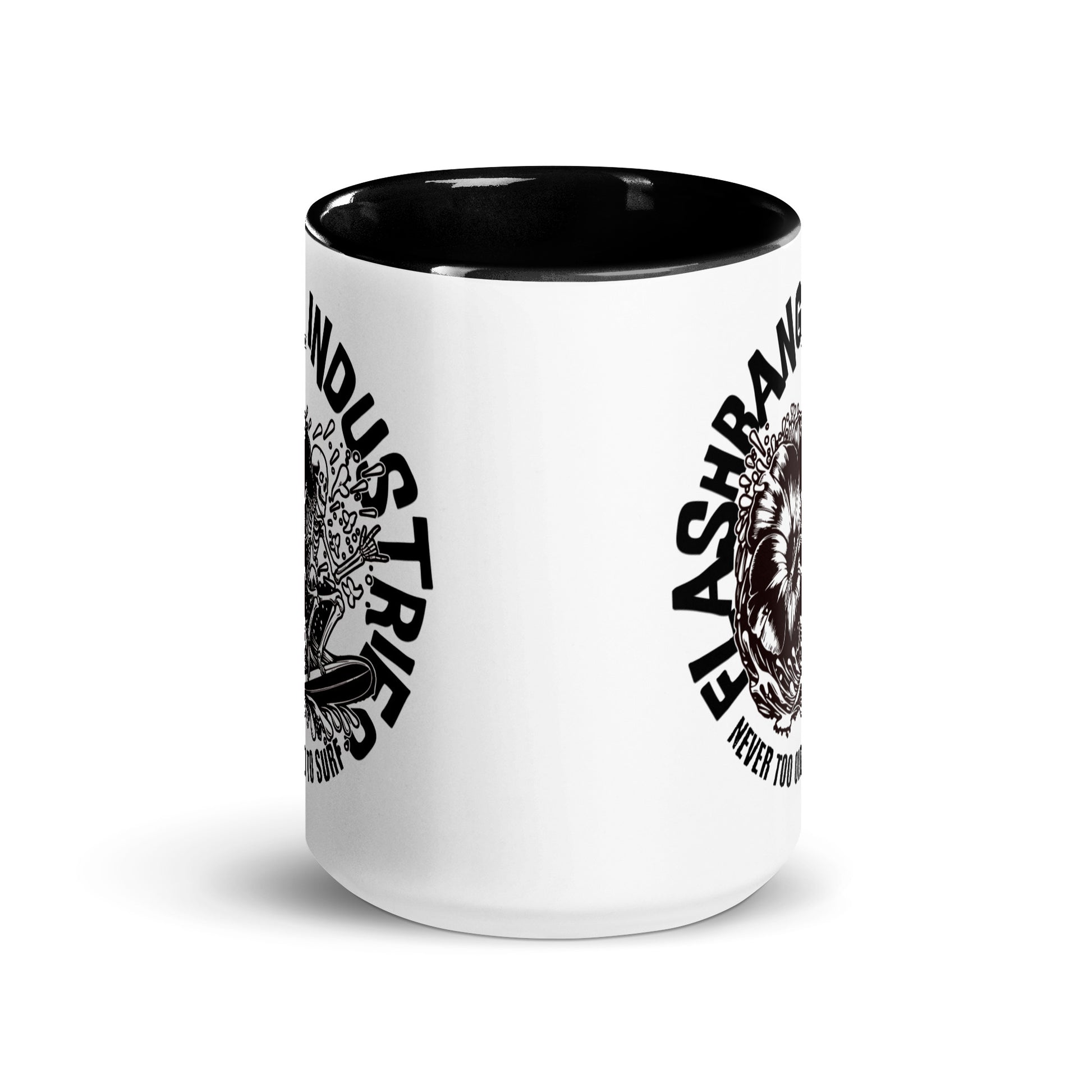 White mug with black interior and handle, featuring black text and graphics on a white background