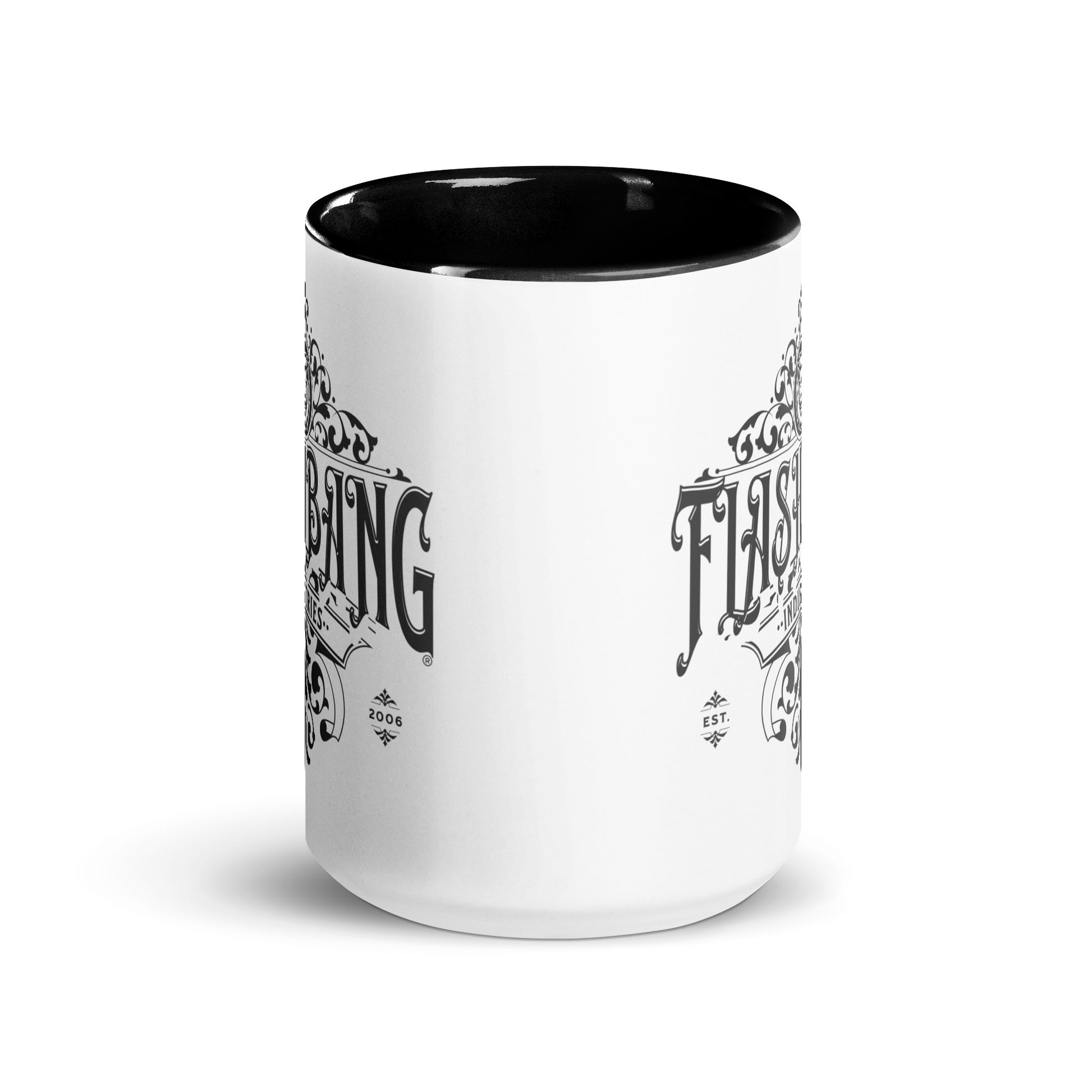 White mug with black interior and decorative text design on a white background