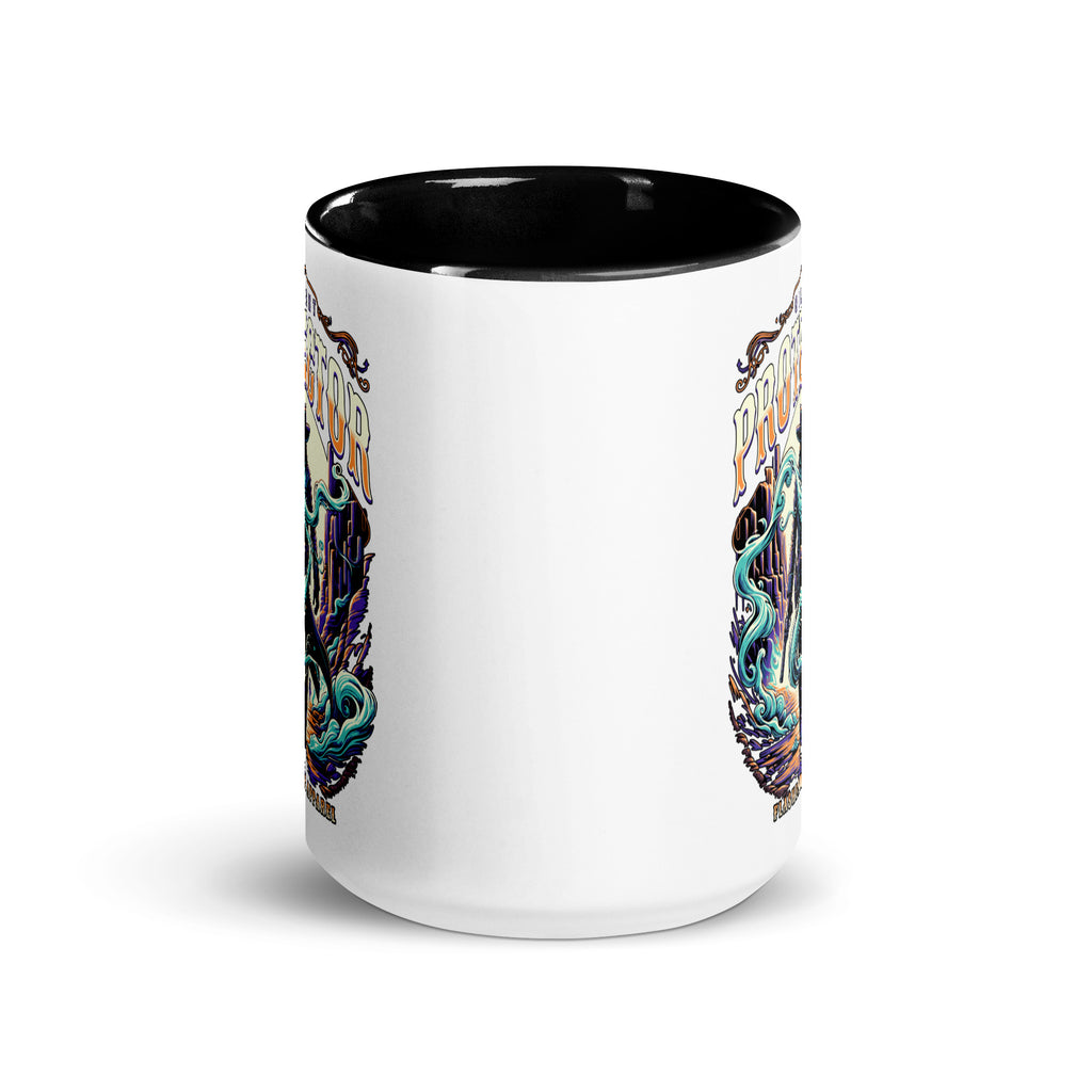 White mug with black interior and colorful designs on a white background