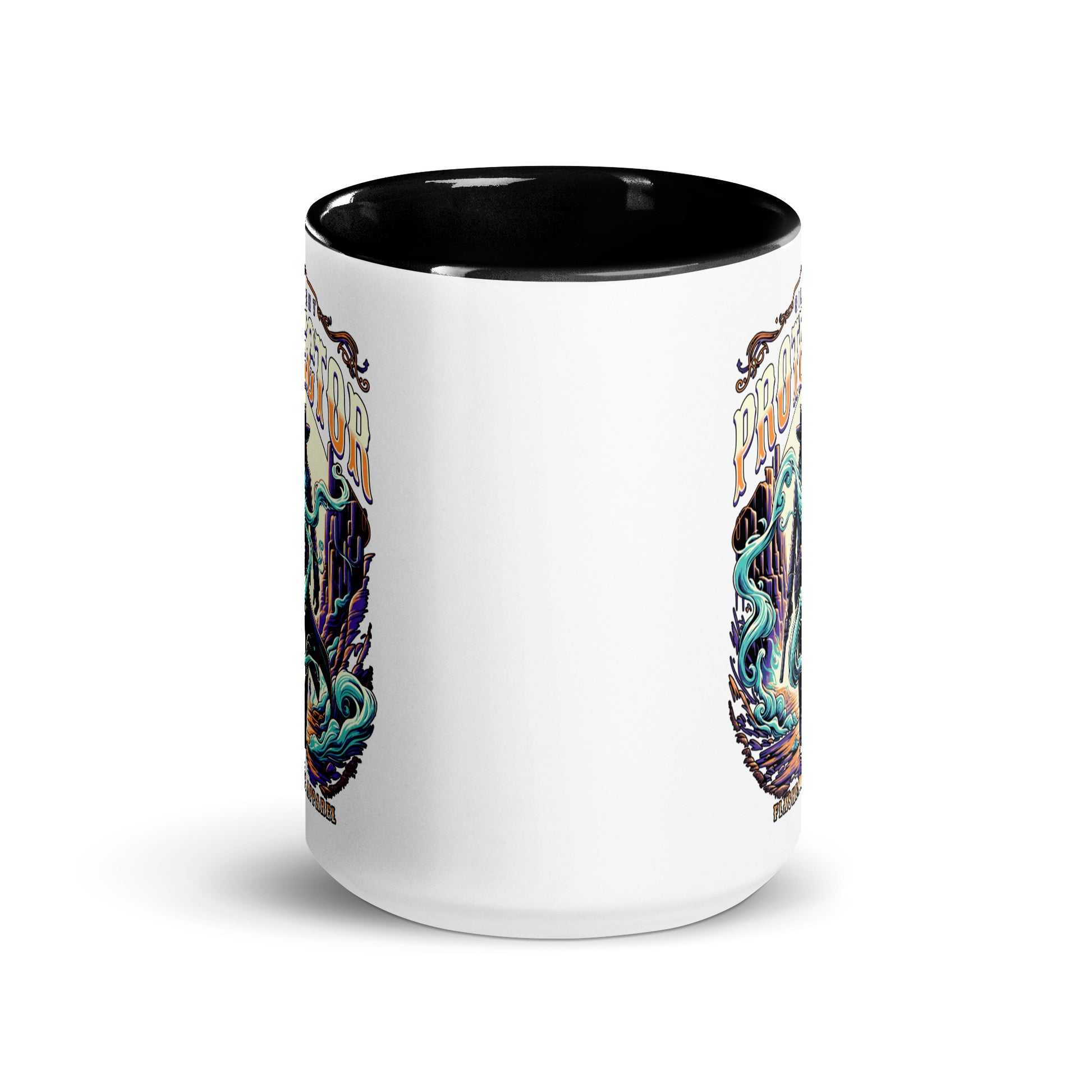 White mug with black interior and colorful designs on a white background