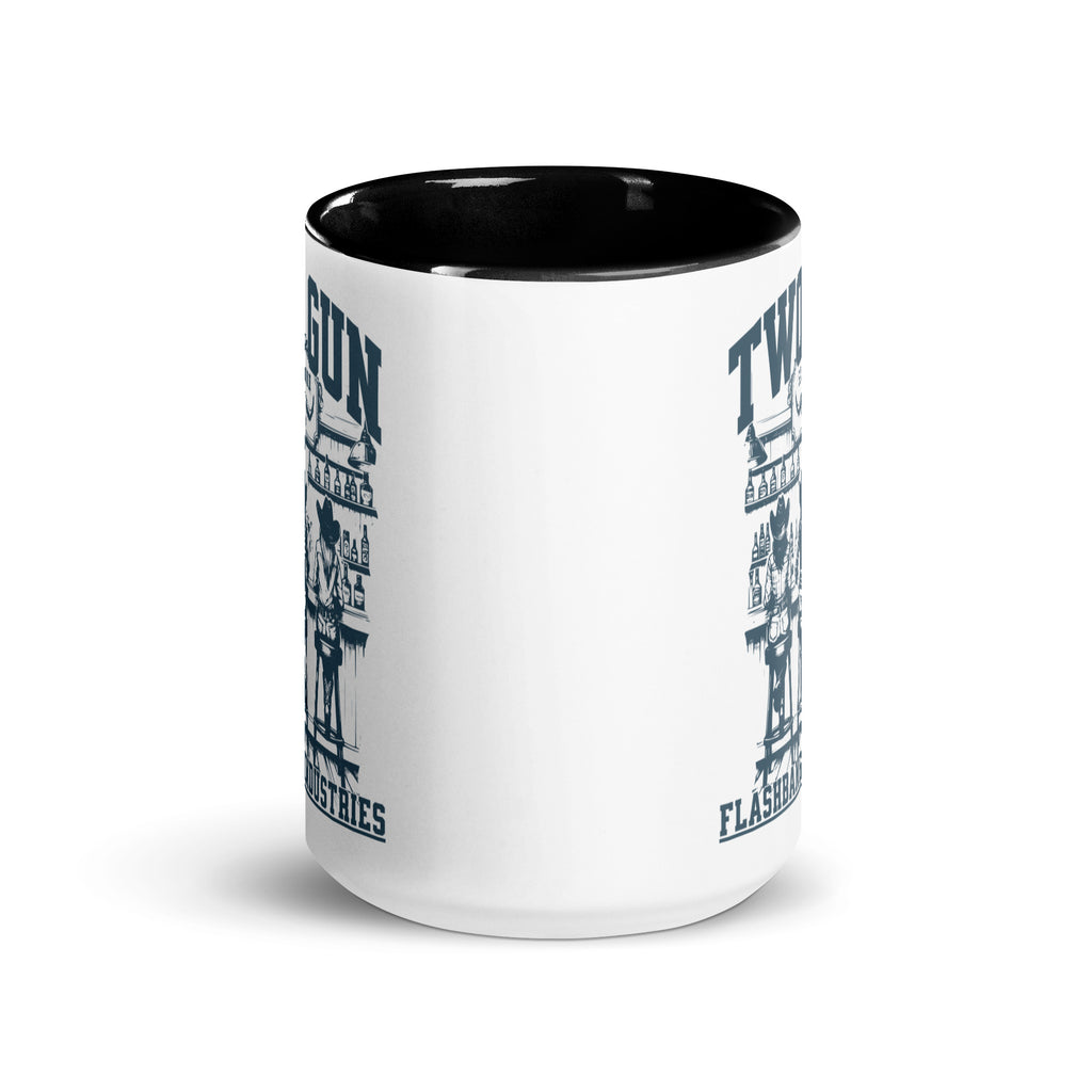 White mug with black interior and graphic design on a white background