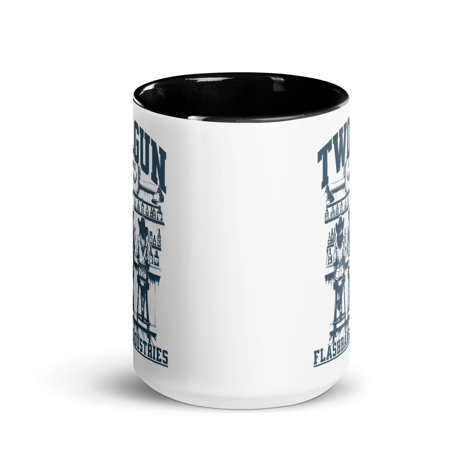 White mug with black interior and graphic design on a white background