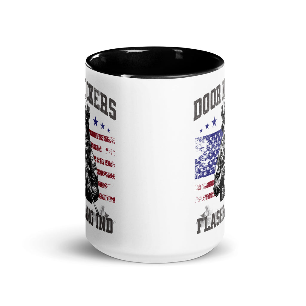 White mug with black interior, featuring American flag and text design on a white background