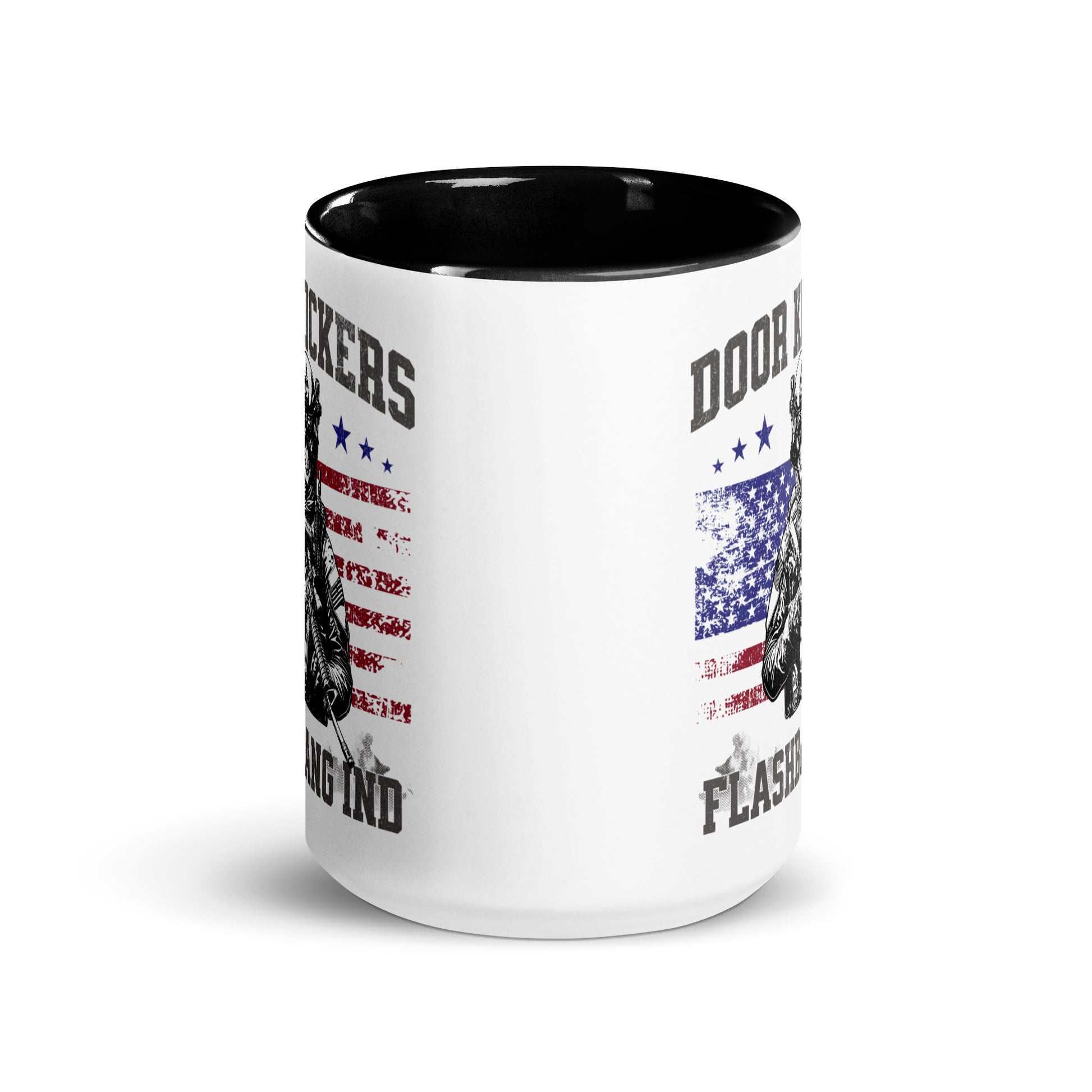 White mug with black interior, featuring American flag and text design on a white background