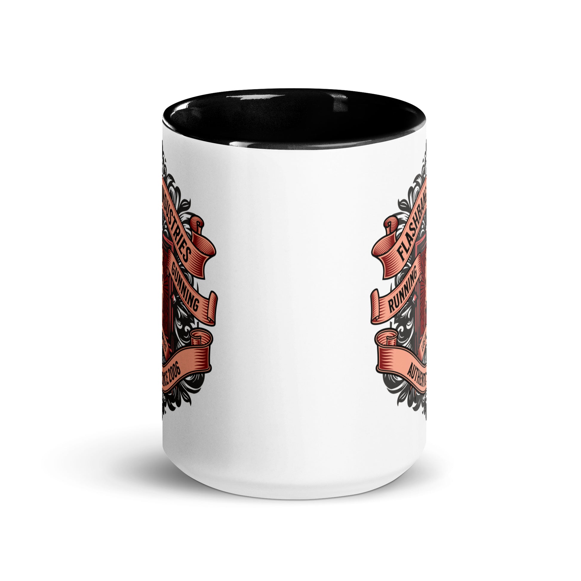 White mug with black interior and decorative red and black design on a white background