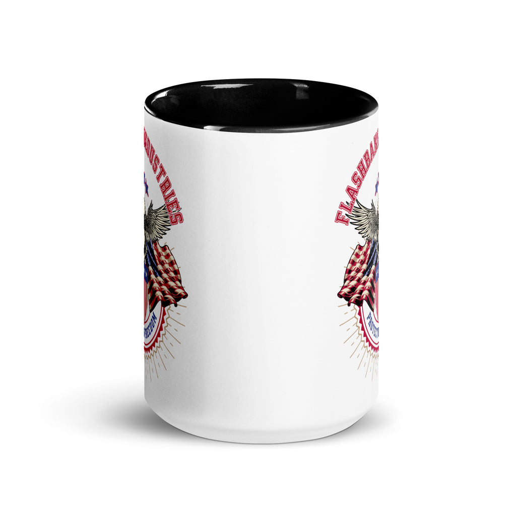 White mug with black interior, featuring graphic designs and text on a white background