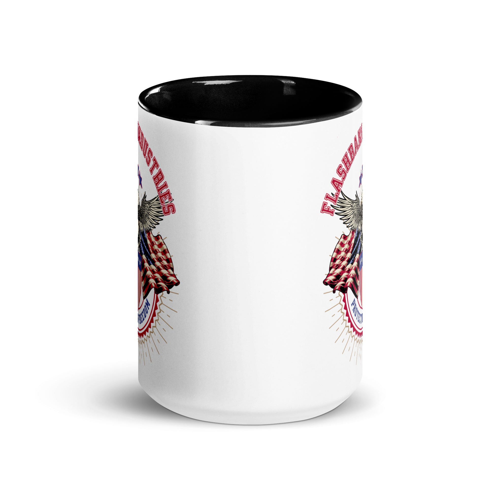 White mug with black interior, featuring graphic designs and text on a white background