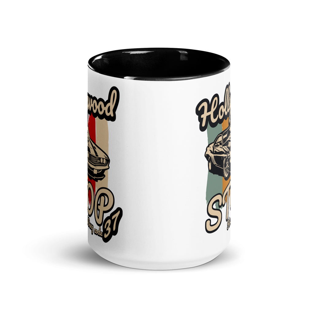 White mug with black interior and colorful graphics on a white background