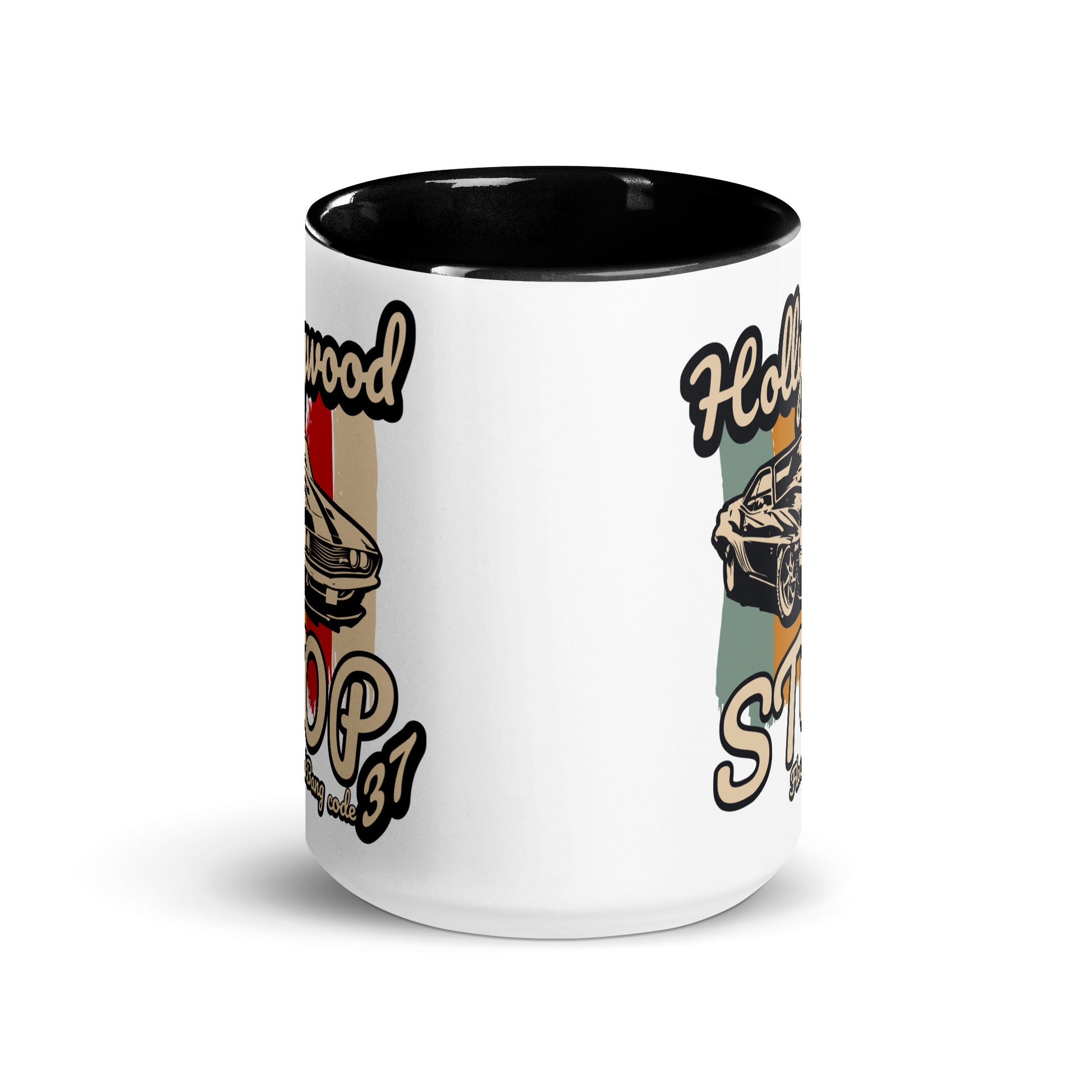 White mug with black interior and colorful graphics on a white background