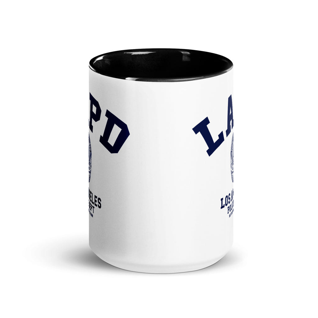 White mug with black interior and LA PD text on a white background
