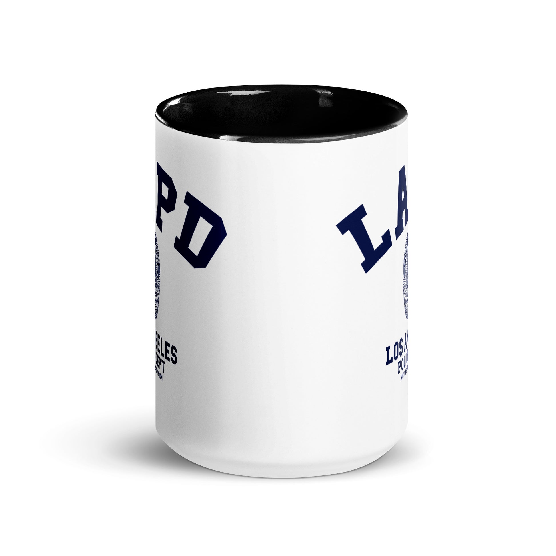 White mug with black interior and LA PD text on a white background