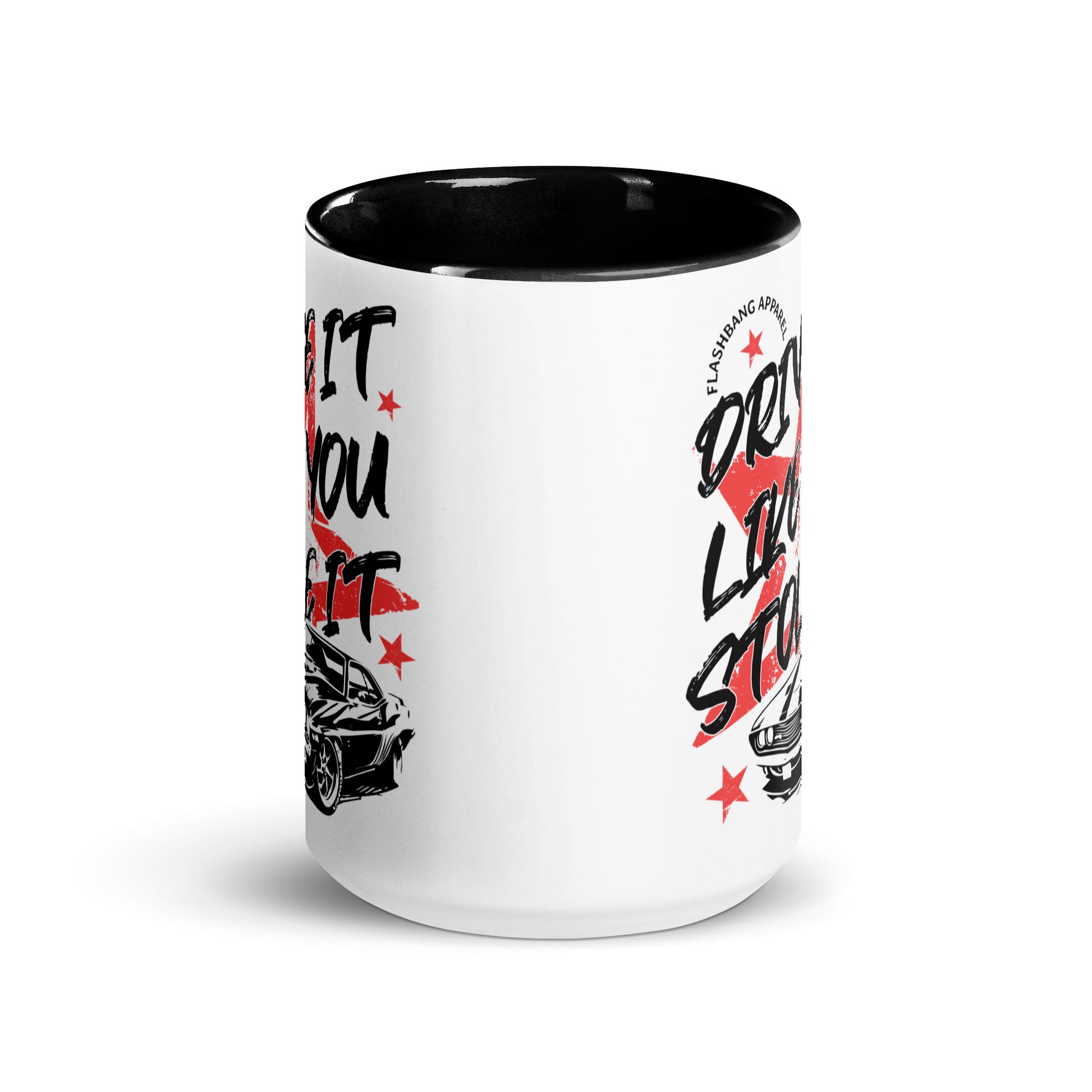 White mug with black interior, featuring graphic designs and text on a white background