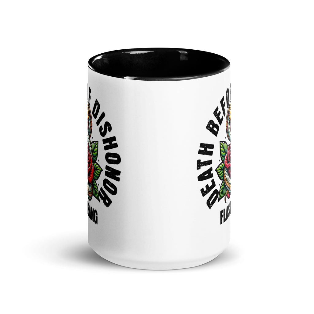 White mug with black interior and handle, featuring text and floral designs on a white background.