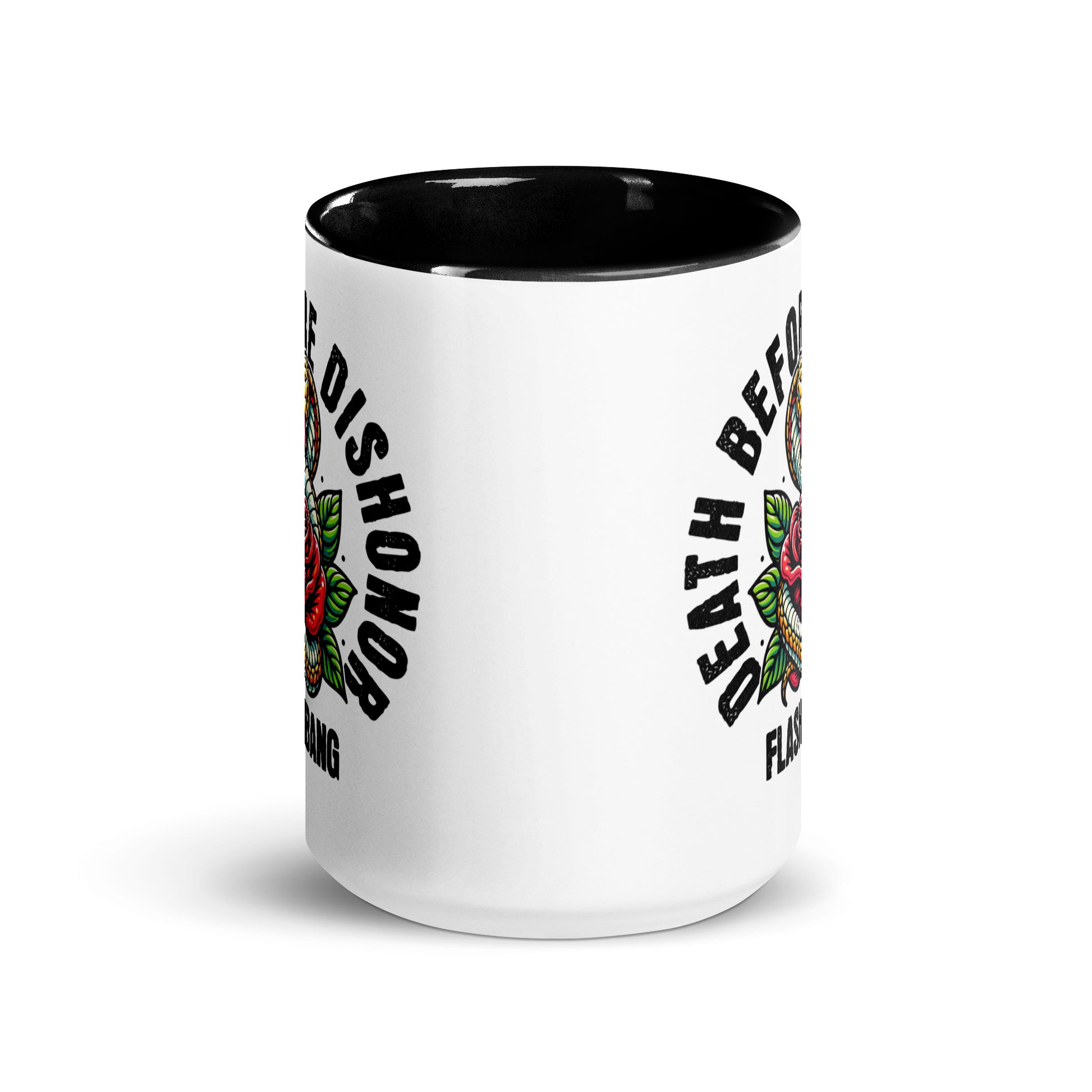 White mug with black interior and handle, featuring text and floral designs on a white background.