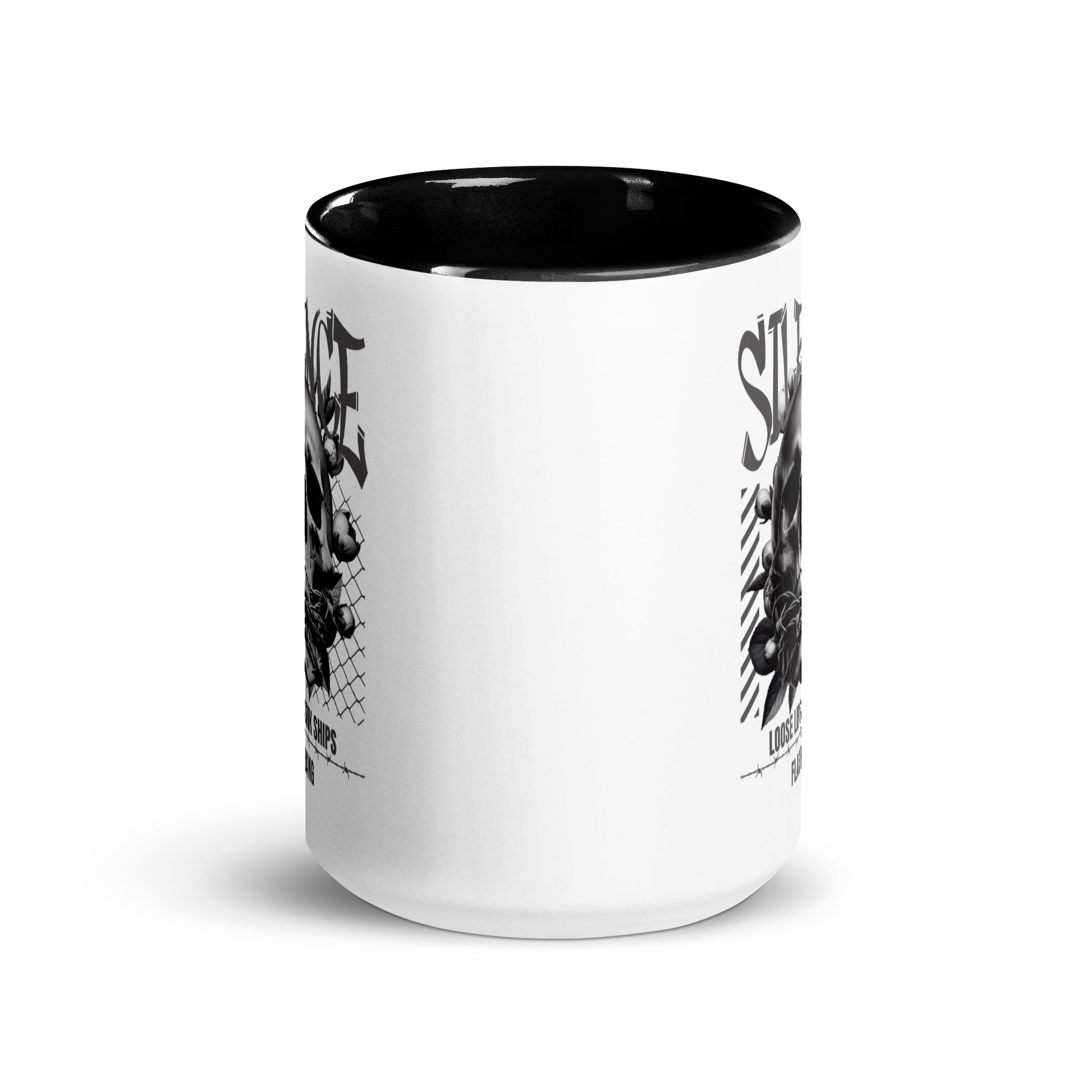 White mug with black interior and graphic design on a white background