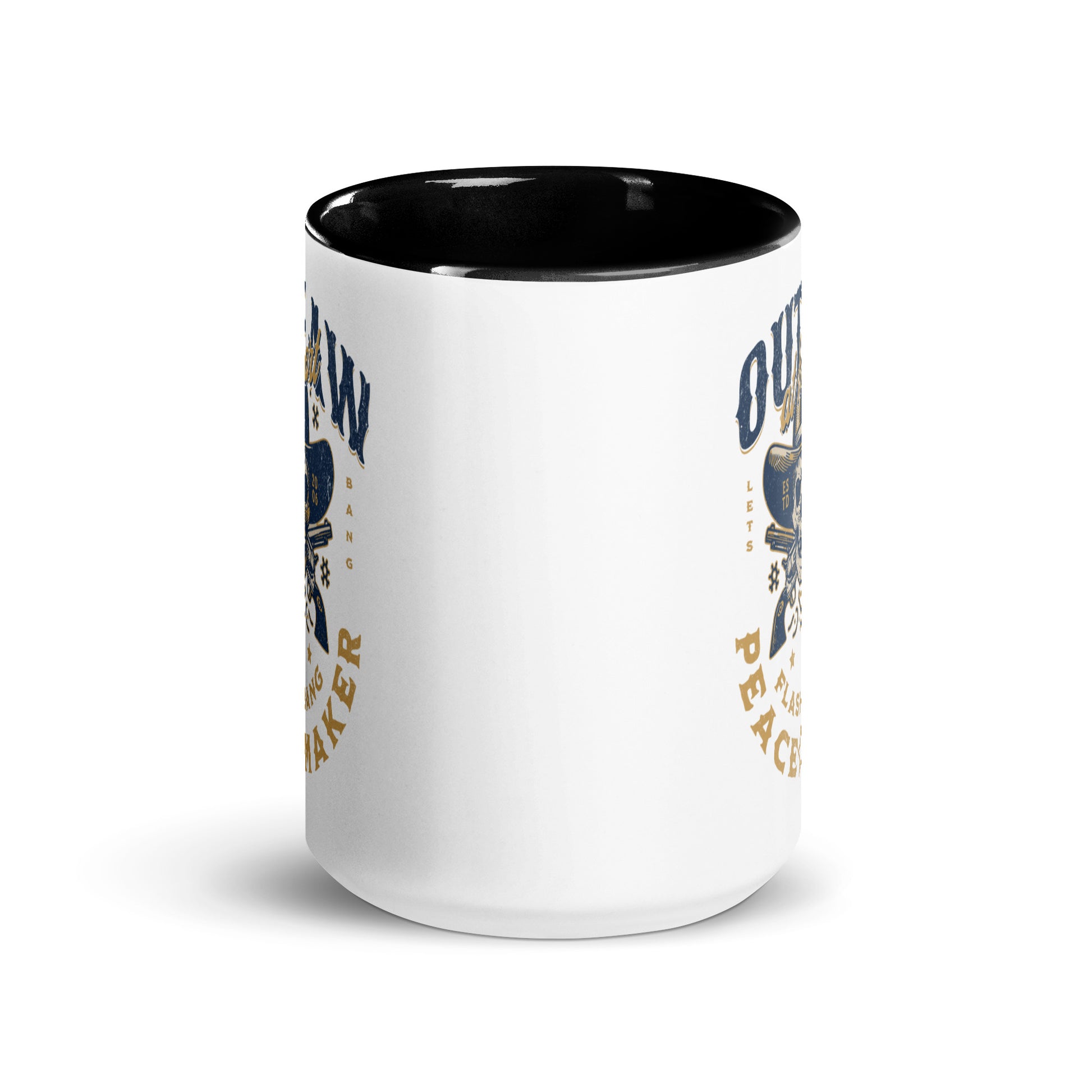White mug with black interior and colorful design on a white background