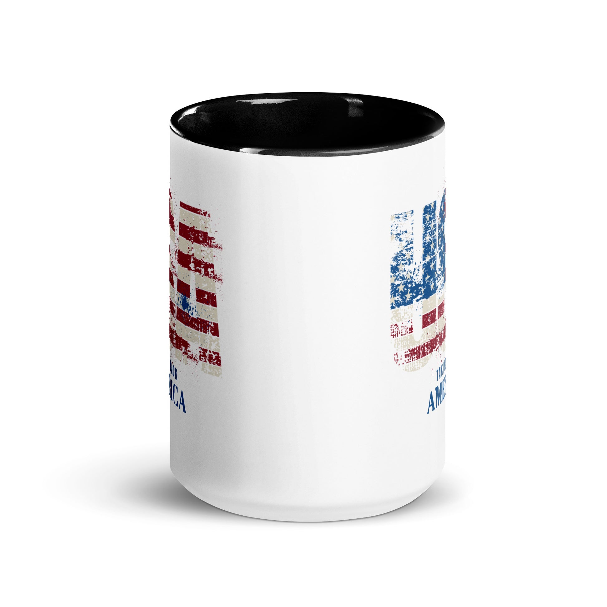 White mug with American flag design on a white background