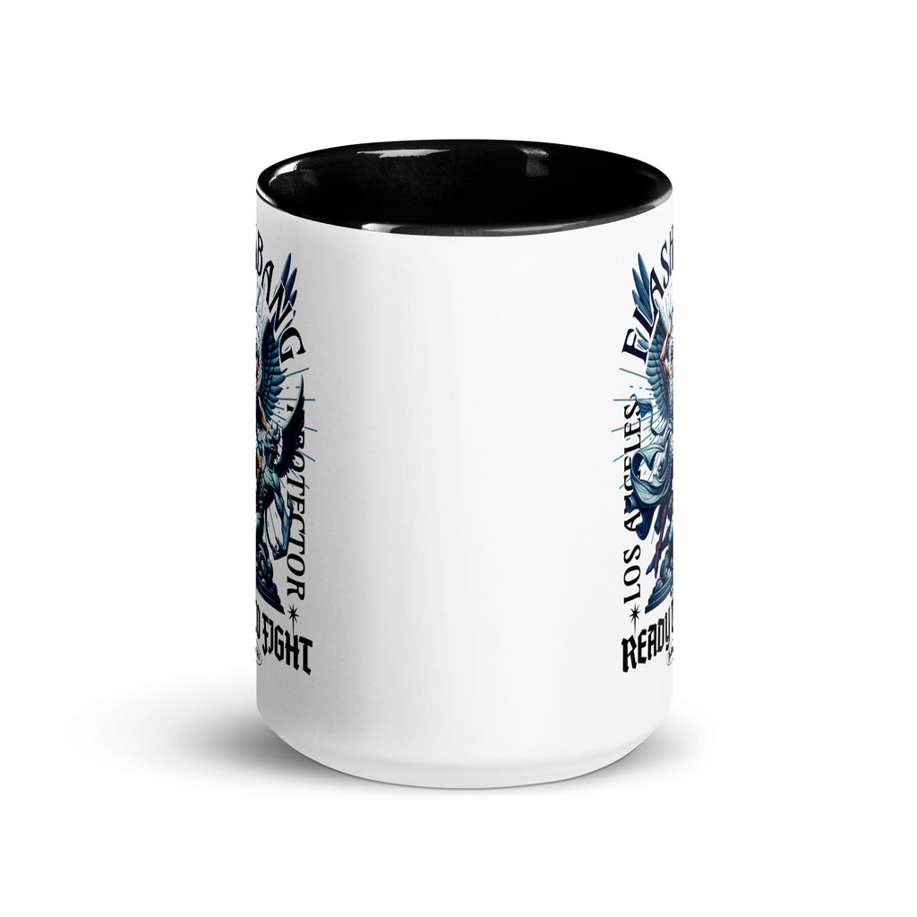White mug with black interior and handle, featuring blue and black graphics and text on a white background.