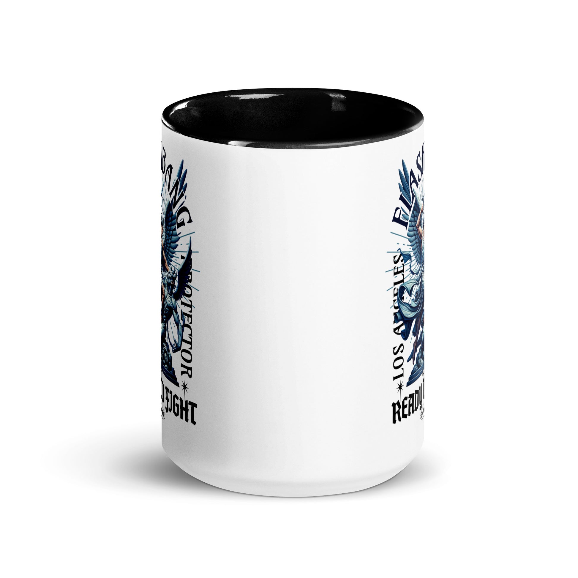 White mug with black interior and handle, featuring blue and black graphics and text on a white background.