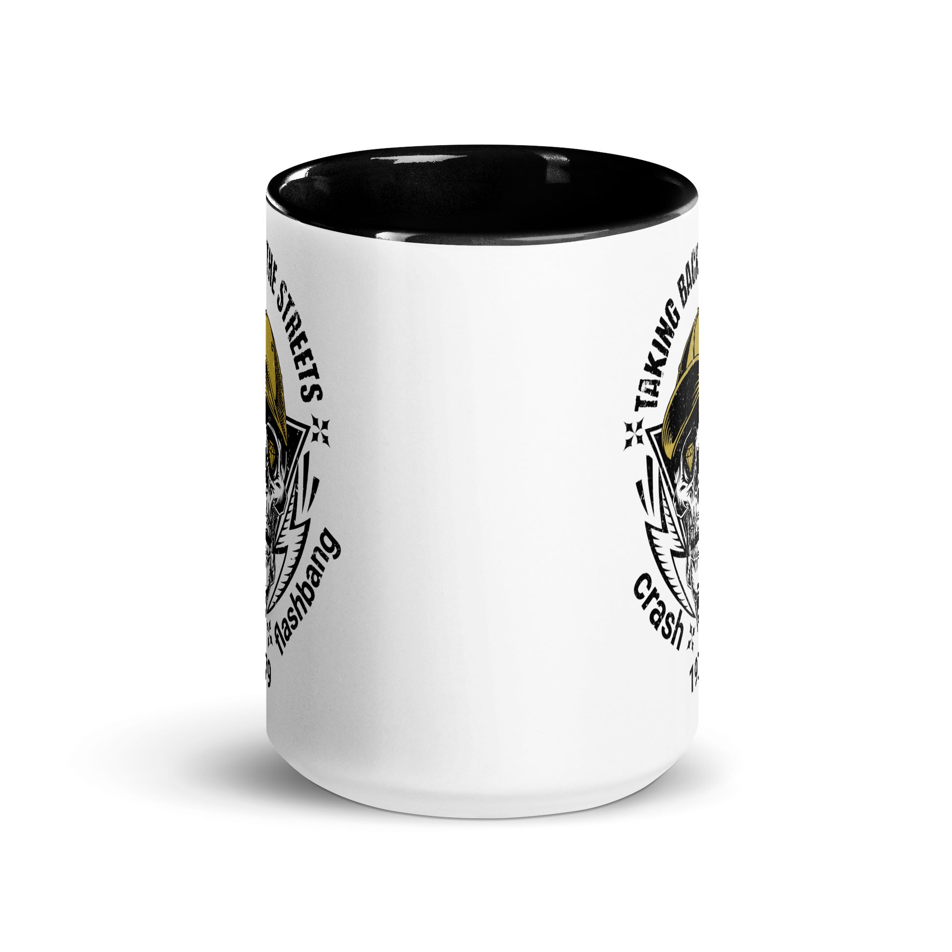 White mug with black interior and handle, featuring text and graphics on a white background