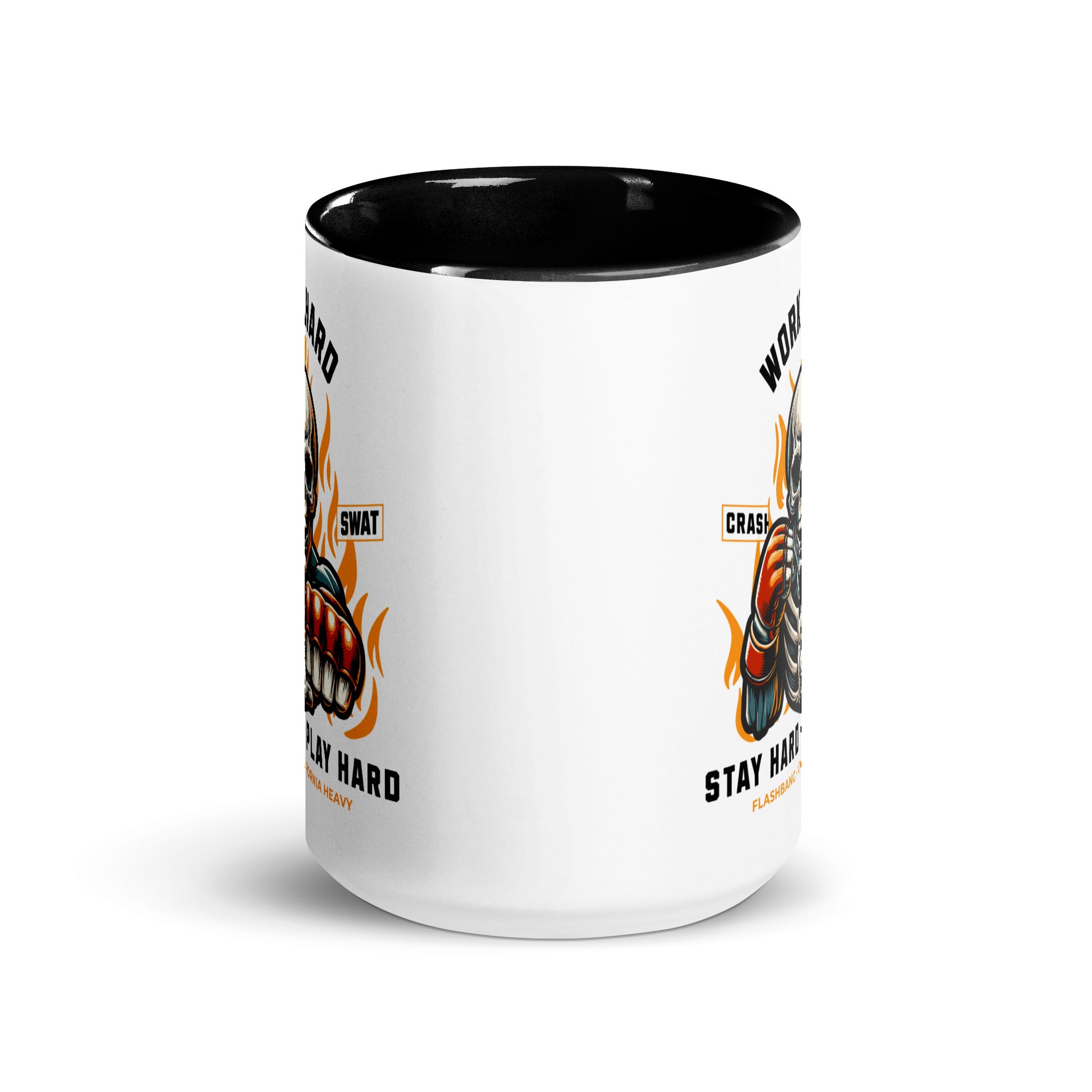 White mug with black interior and handle, featuring graphic designs and text on a white background.