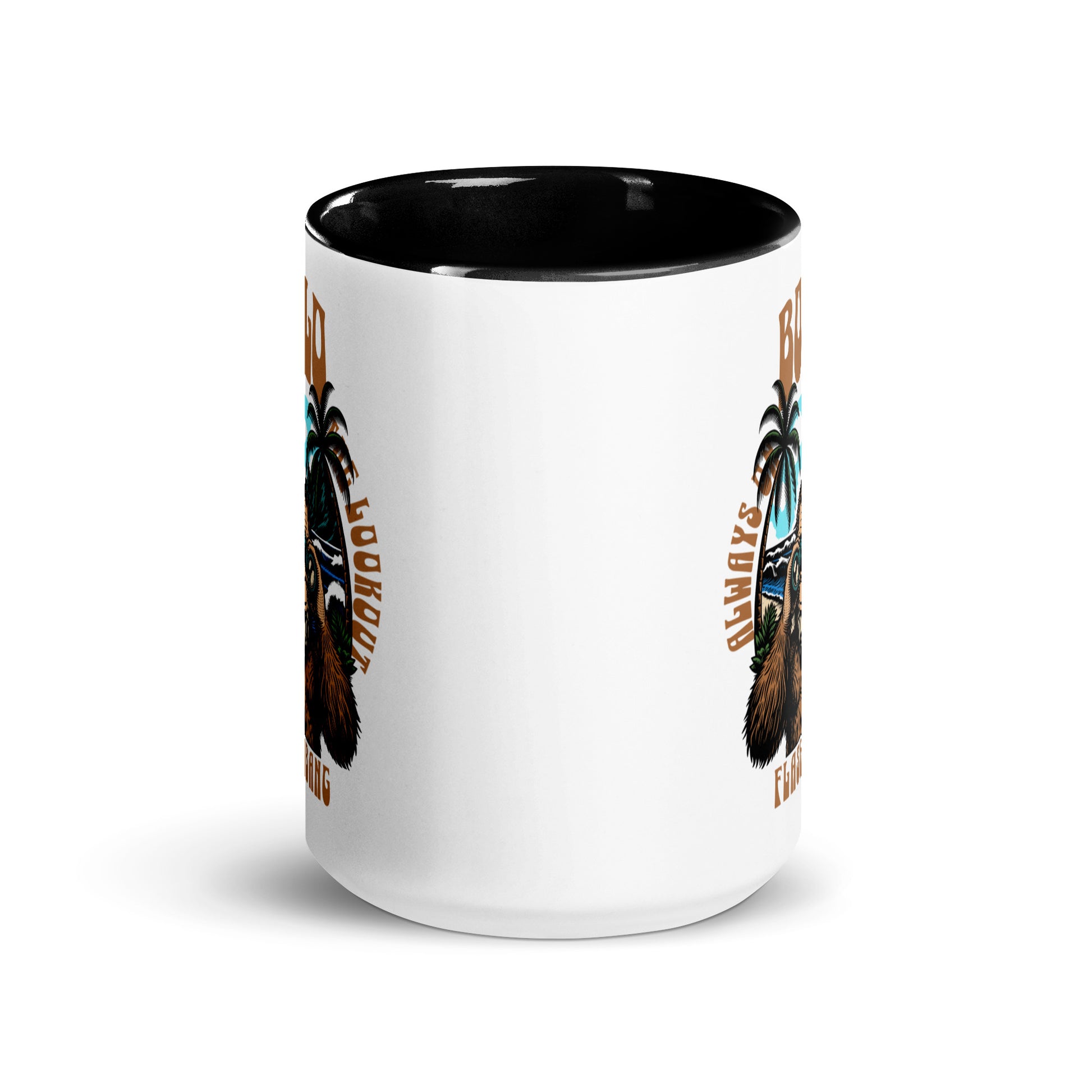 White mug with black interior and handle, featuring tribal designs on a white background