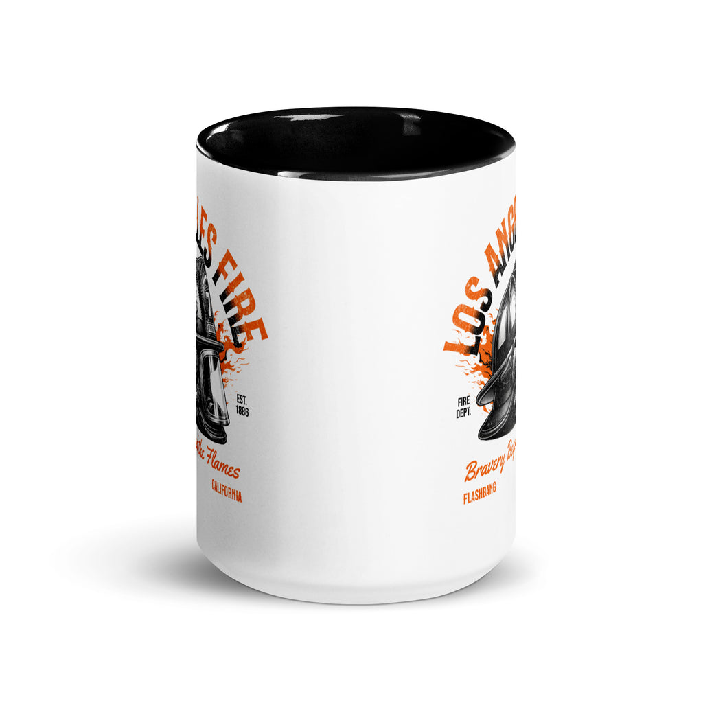 White mug with black interior and orange text on a white background