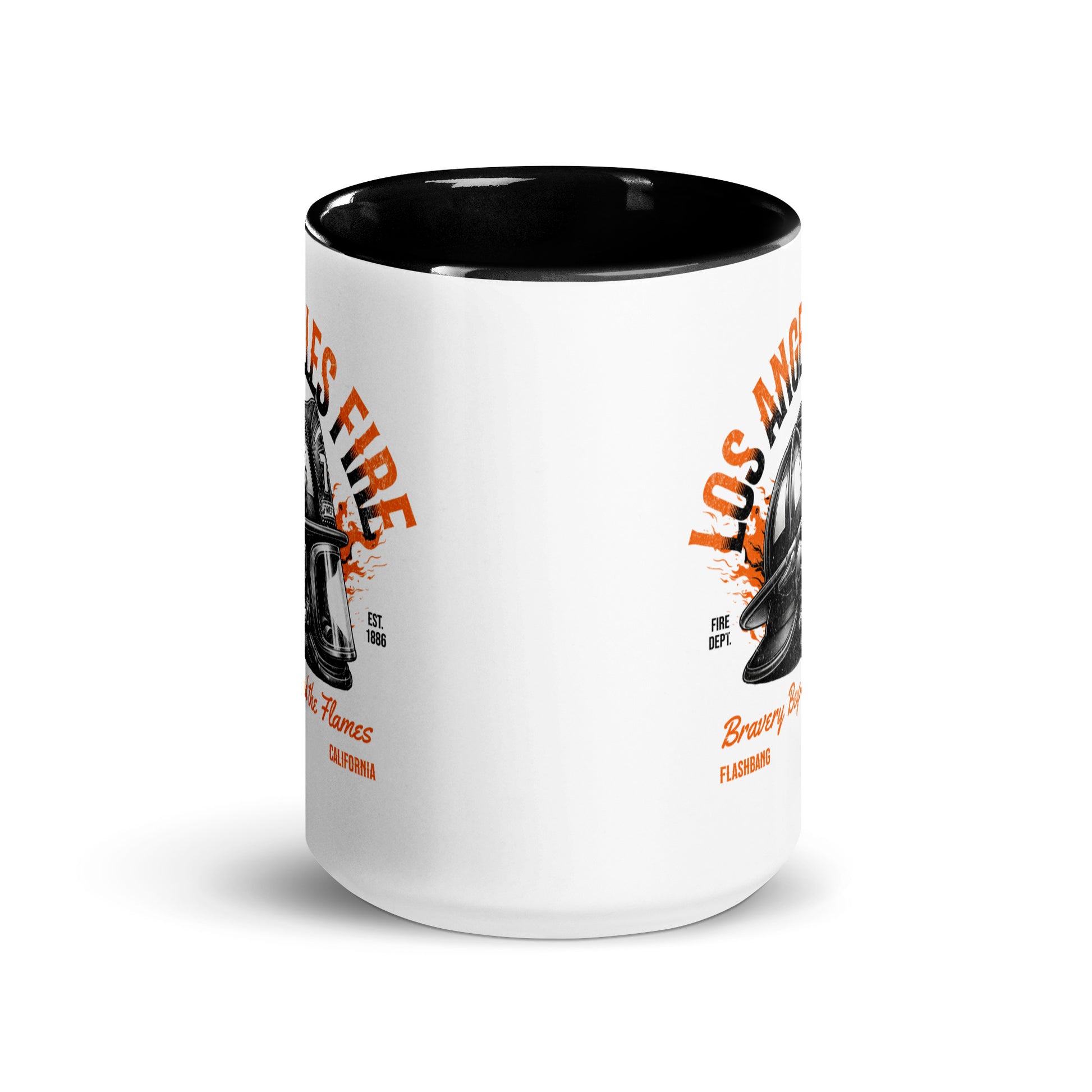 White mug with black interior and orange text on a white background