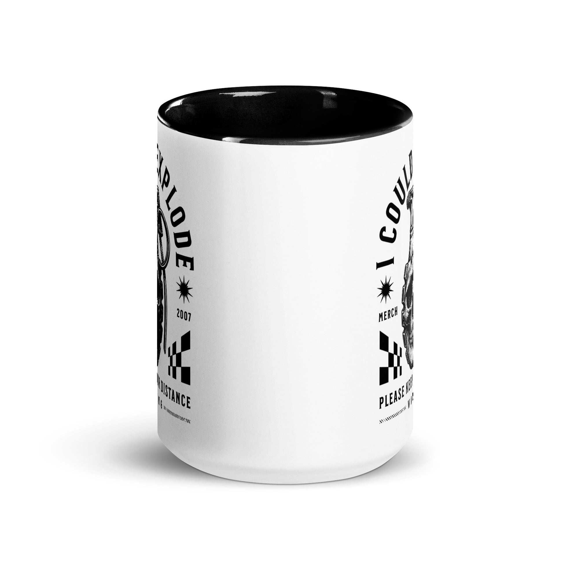 White mug with black interior and graphics on a white background