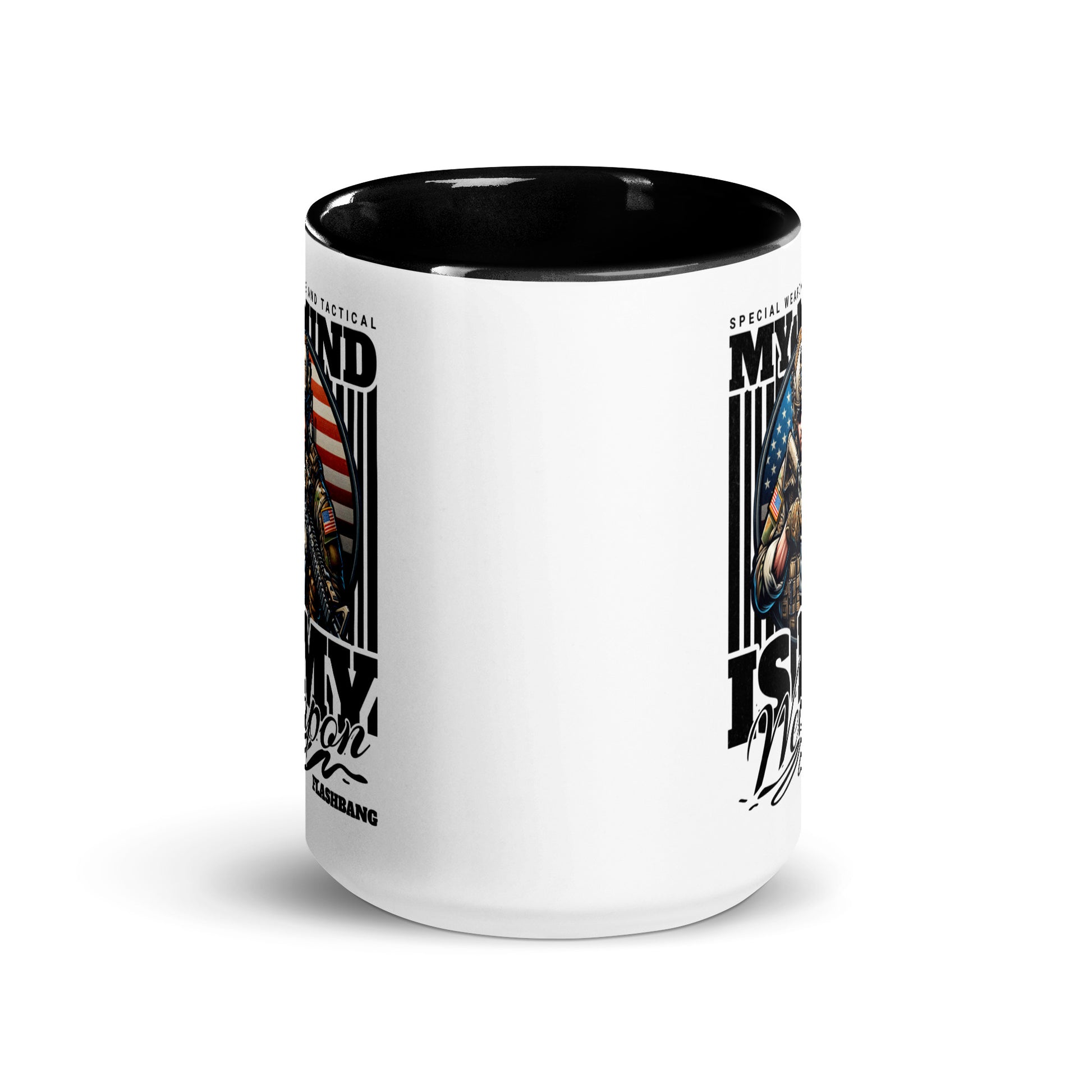 White mug with black interior and handle, featuring graphic designs and text on a white background