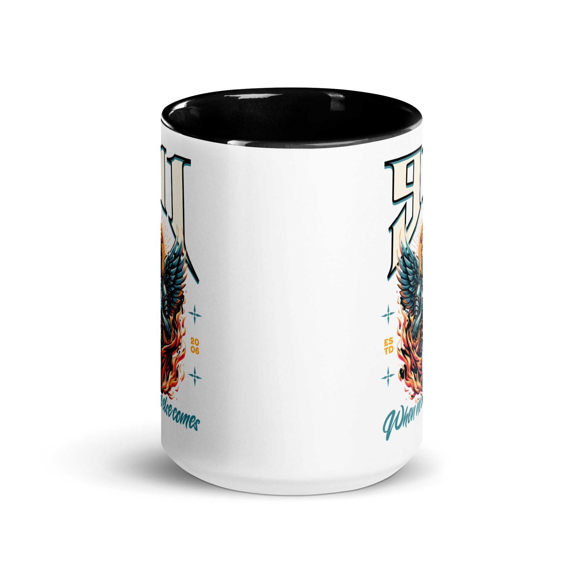 White mug with black interior and colorful design on a white background