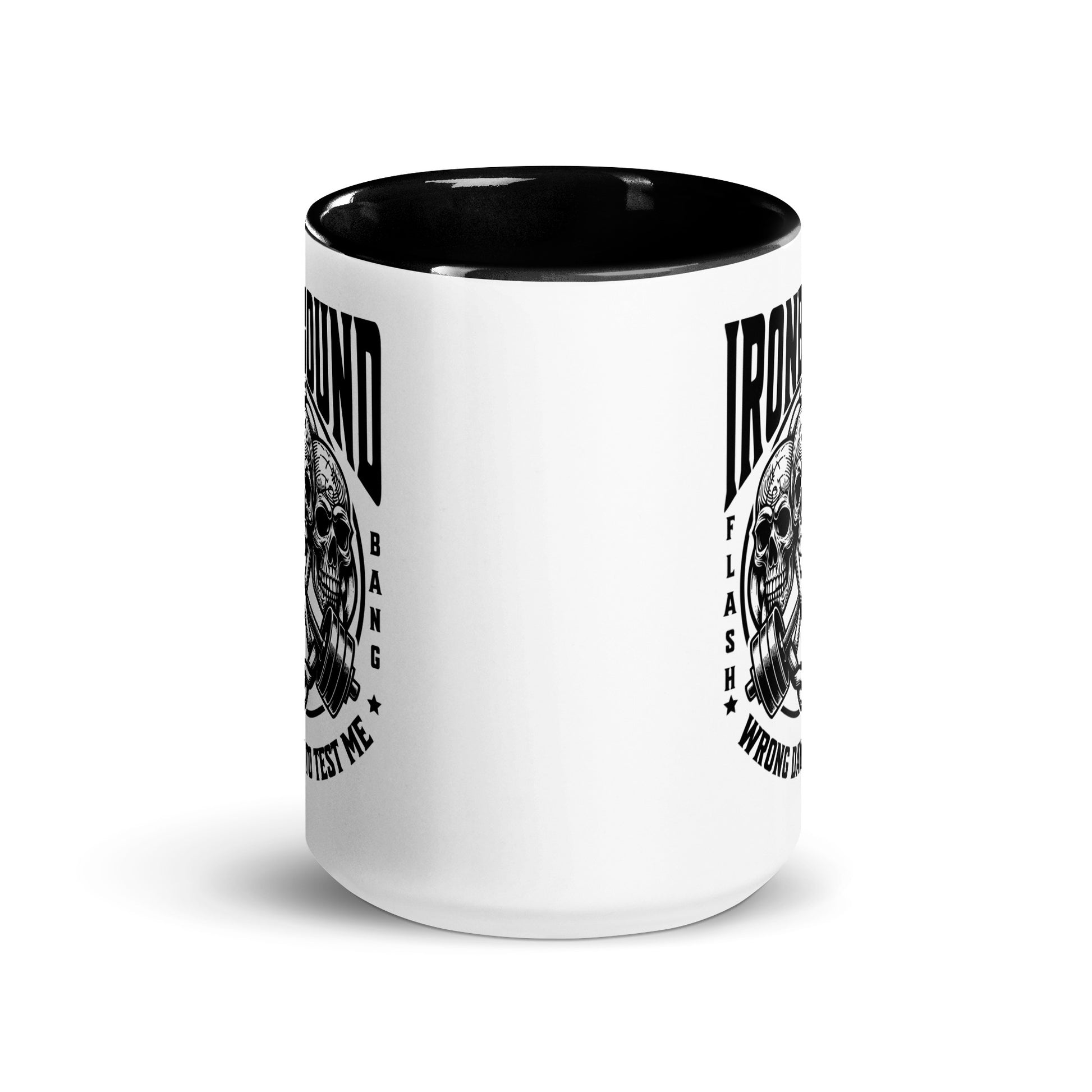 White mug with black interior and handle, featuring black text and graphics on a white background