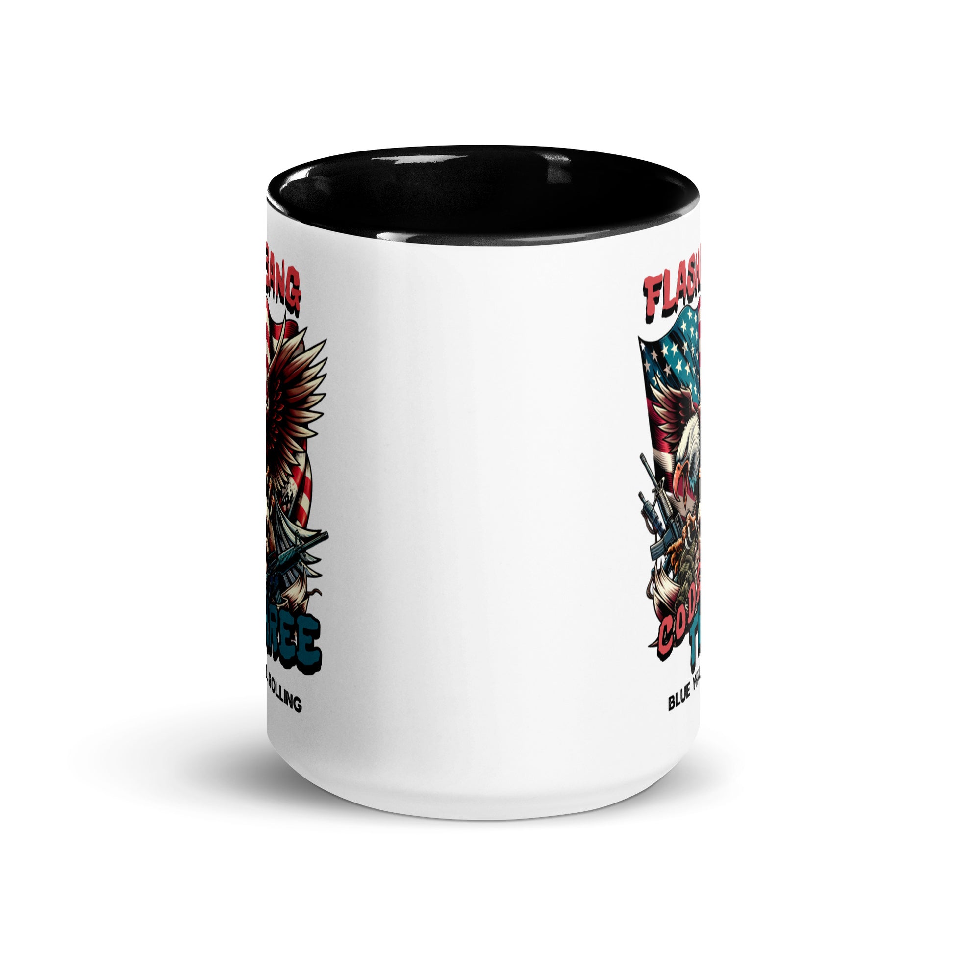 White mug with black interior and rim featuring graphic designs on a white background