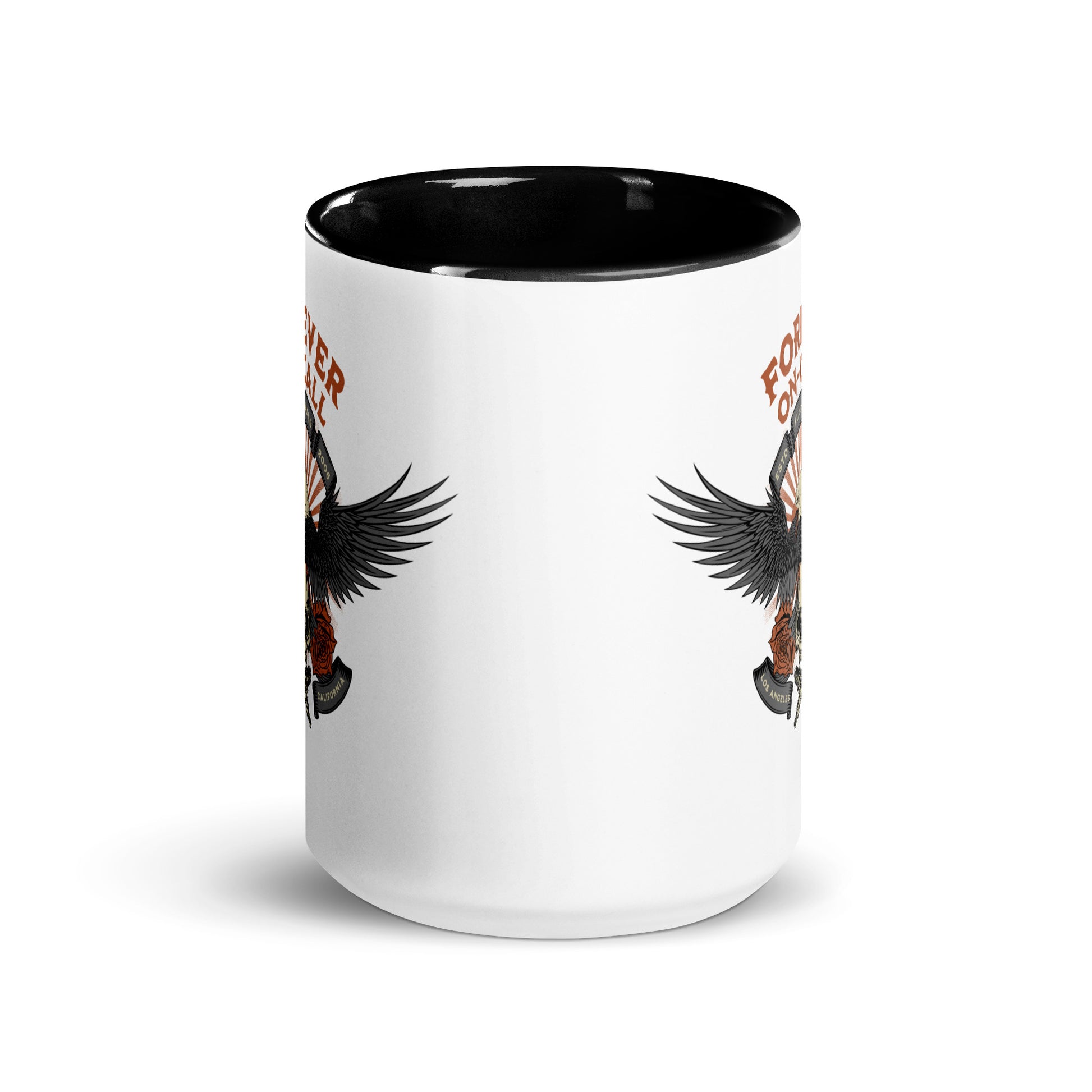 White mug with black interior and eagle design on a white background