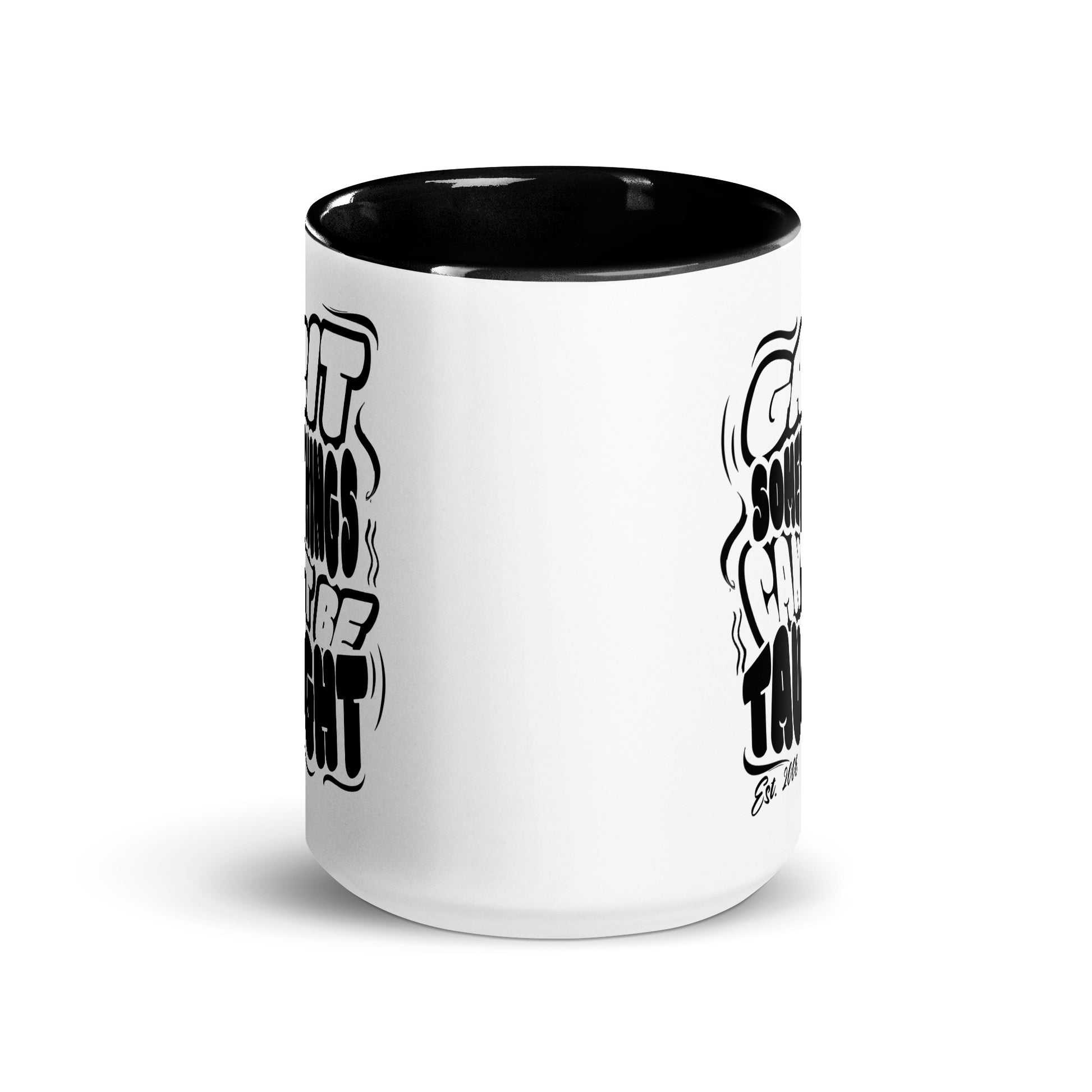 White mug with black interior and handle, featuring black text on a white background
