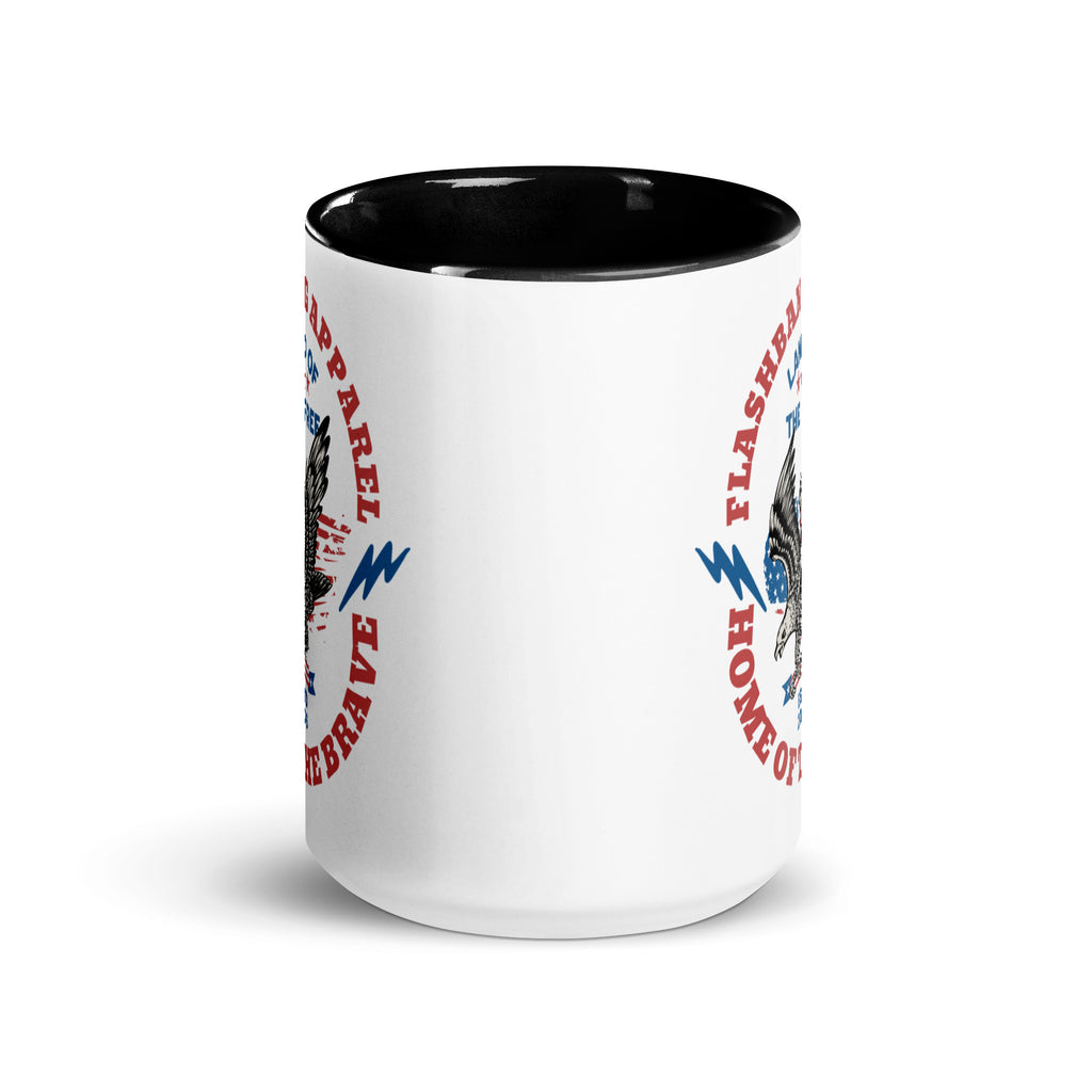 White mug with black interior and rim, featuring graphic designs and text on a white background