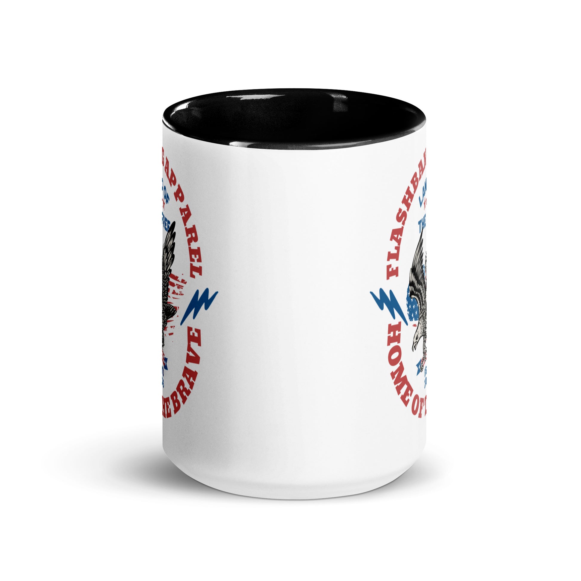 White mug with black interior and rim, featuring graphic designs and text on a white background